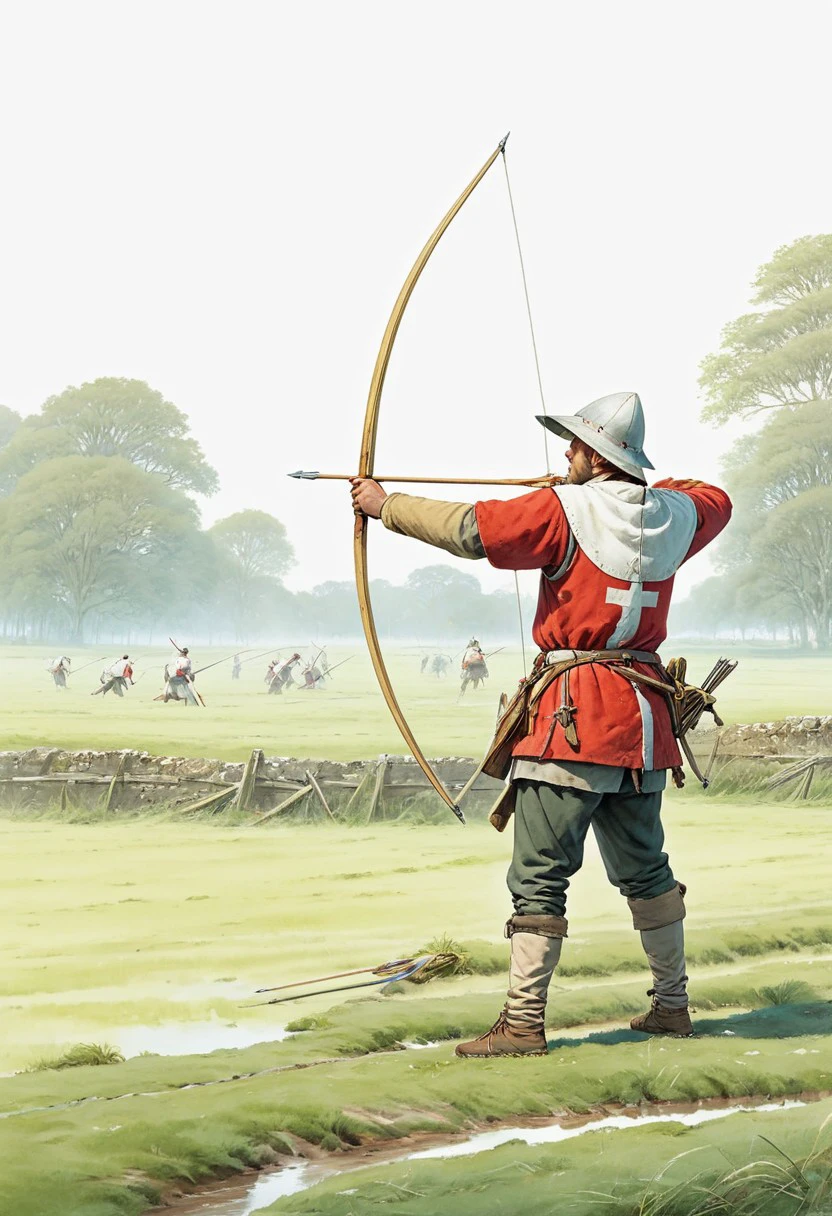 score_9, score_8_up, score_7_up, score_6_up, (solo), 1boy, score_5_up, score_4_up, three-quarter_view, (aiming_downrange:1), rear view, hyperdetailed, realistic, (medieval), (warbow:0.8), (longbow), (longbowman), (drawn bow), (drawn longbow), on a muddy battlefield, English, aiming, face, front, arrow_/(projectile/), solo_focus, standing, bowstring, belt_quiver, white gambeson, red and white tabard, drawing_bow, bow_/(weapon/), battle_spikes, grounded_arrows, historical,