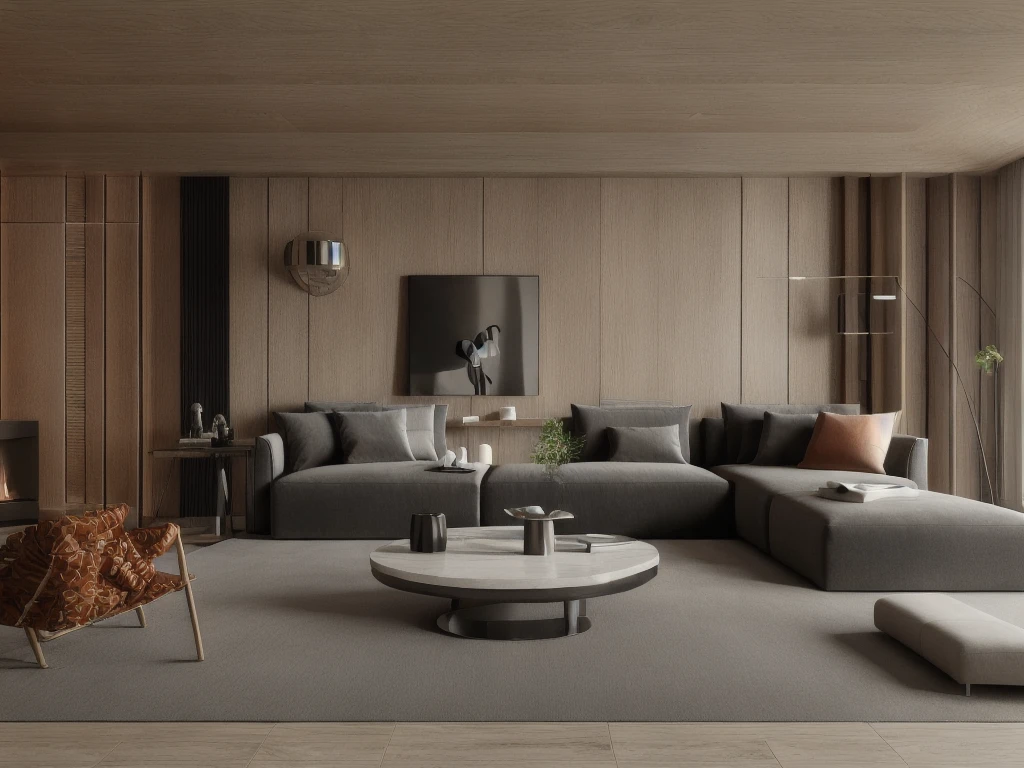 a living room with a couch, chair, coffee table and a rug on the floor and a window, muted colors, a 3D render, light and space,Dark style,Marble elements in the background