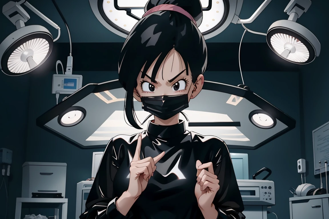 (RAW photo, best quality,facing the viewer,from front), operating room, overhead surgical light,blurred background, focused, dithering,backlighting,
 <lora:CM_doctor_surgeon_blackRubber_V2.0-000004:0.8> doctor_surgblackrubber, 1girl, solo, black dress, black gloves,latex, black headwear, mask, looking at viewer,long sleeves, long dress, 
 <lora:OGT_Chi_Chi-v2:0.75> chi chi, long hair, black hair, solo, chi-chi (dragon ball), black eyes, single hair bun,