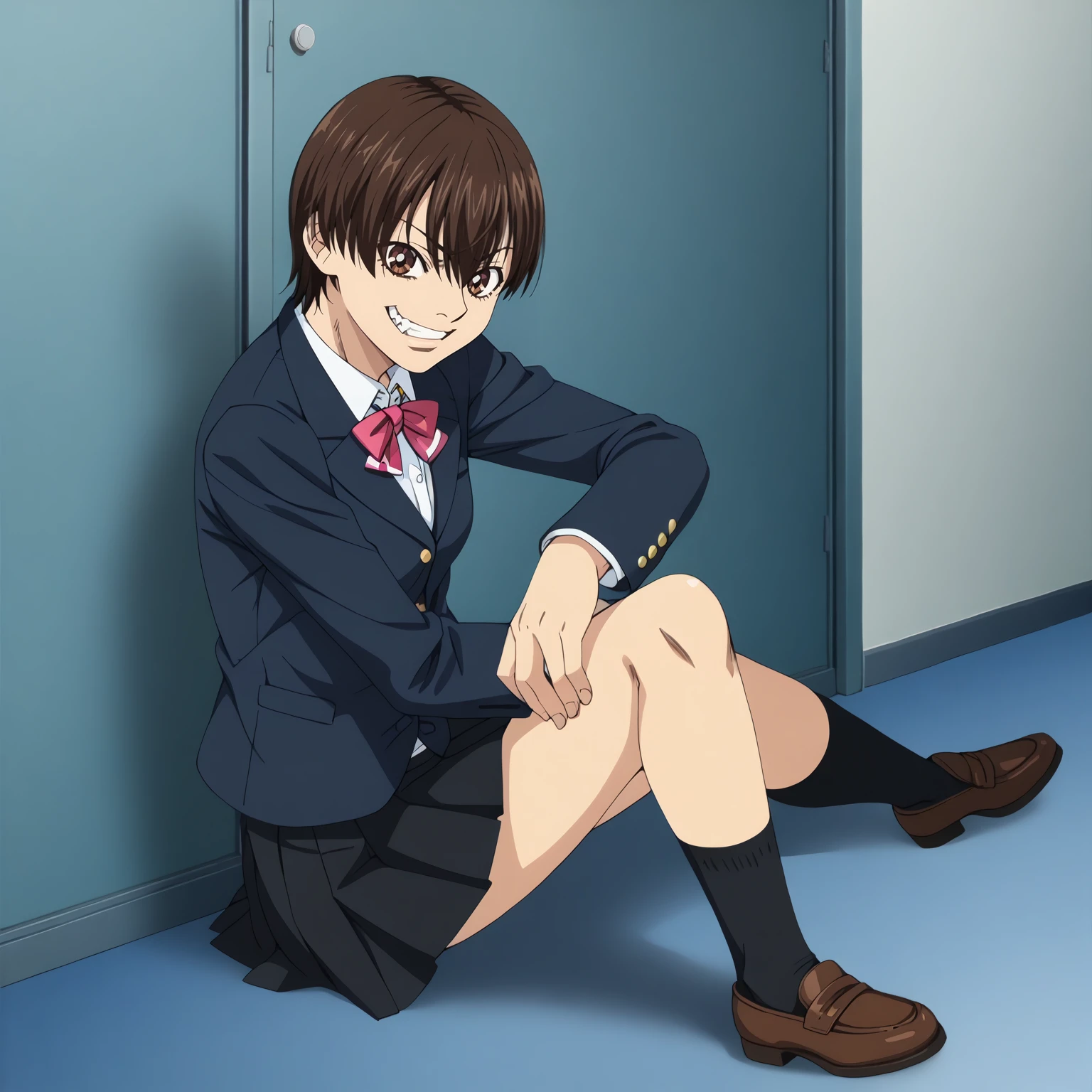 <lora:ShihoChiroyamaXLpony001>,
grin,
solo,
ShihoChiroyama,1girl,black brown hair,short hair,brown eyes,
school_uniform,blazer,white shirt,
pleated_skirt,black skirt,
full body,sitting,