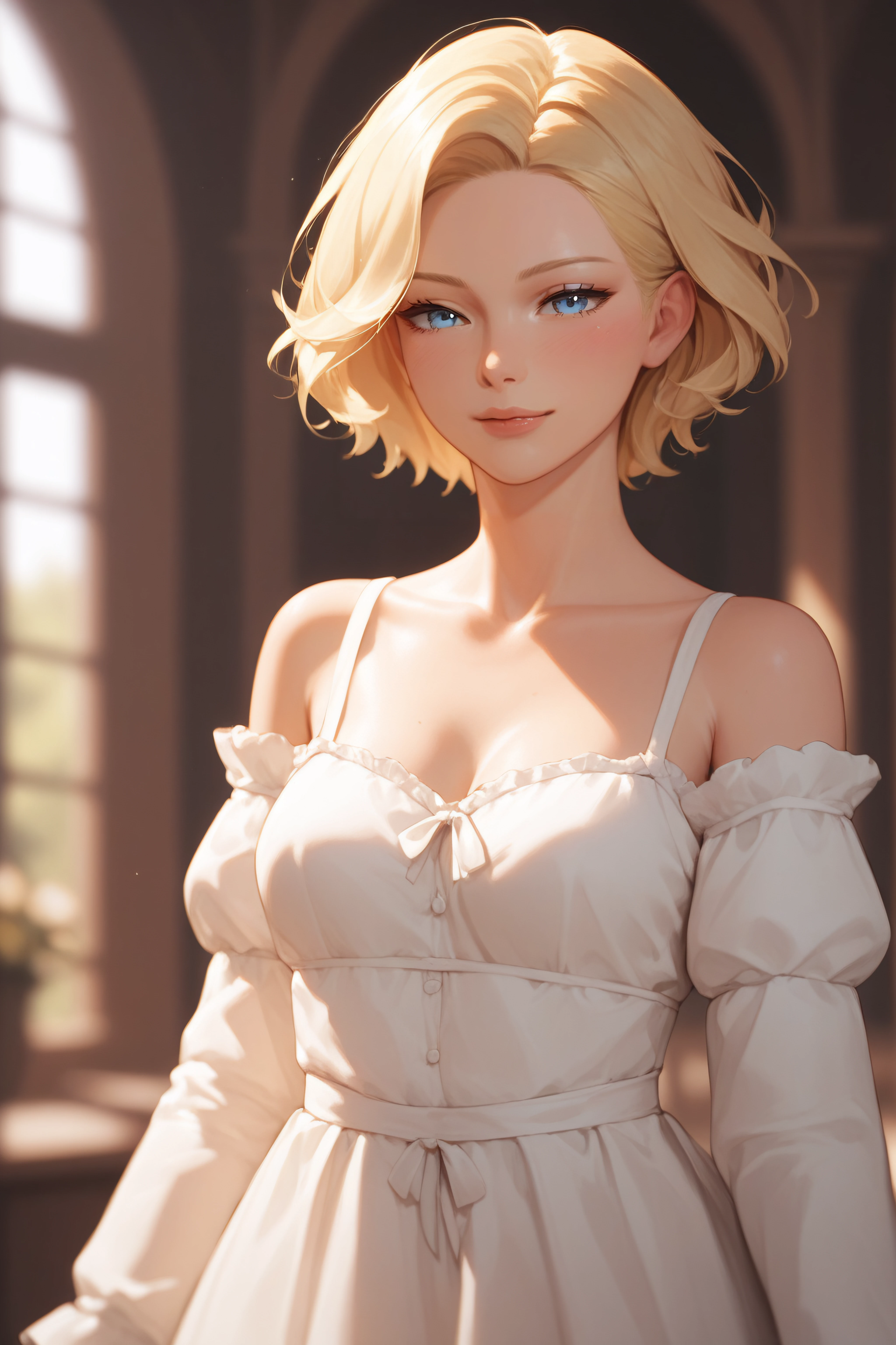 score_9, score_8_up, score_7_up, BREAK source_anime, <lora:Arte-PonyXL-lora-Faxtron:0.8> arte, blue eyes, blonde hair, short hair, medium breasts, long white dress, collarbone, long sleeves, bare shoulders,