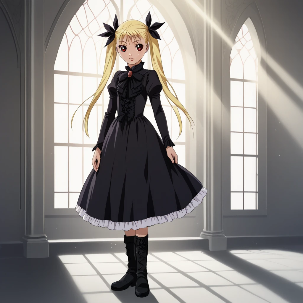 score_9_up, score_8_up, BREAK, Mina Tepes, 1girl, solo, blonde hair, twintails, long hair, red eyes, hair ribbon, black dress, Victorian dress, long sleeves, ribbon, light rays, <lora:Mina_Tepes_PXL_Leaf1:1>, full body, black boots, standing,