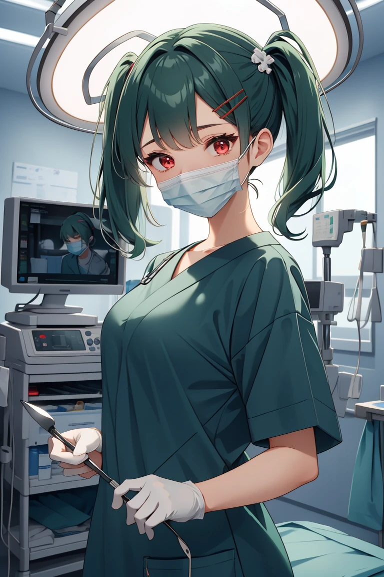 (RAW photo, best quality,facing the viewer,from front), operating room, overhead surgical light,blurred background, focused, dithering,backlighting,
 <lora:CM_doctor_surgeon_scalpel_V2.0-000004:0.8> doctor_surgscalpelpov, 1girl, solo, looking at viewer, white gloves, doctor, surgical mask,headwear,scalpel,
 <lora:Clare Sniders:0.7> clare sniders, oc ch9, 1girl, hair ornament, red eyes, twintails, hairclip, swept bangs, hair over shoulder, dark green hair, medium hair, small breasts, sidelocks,