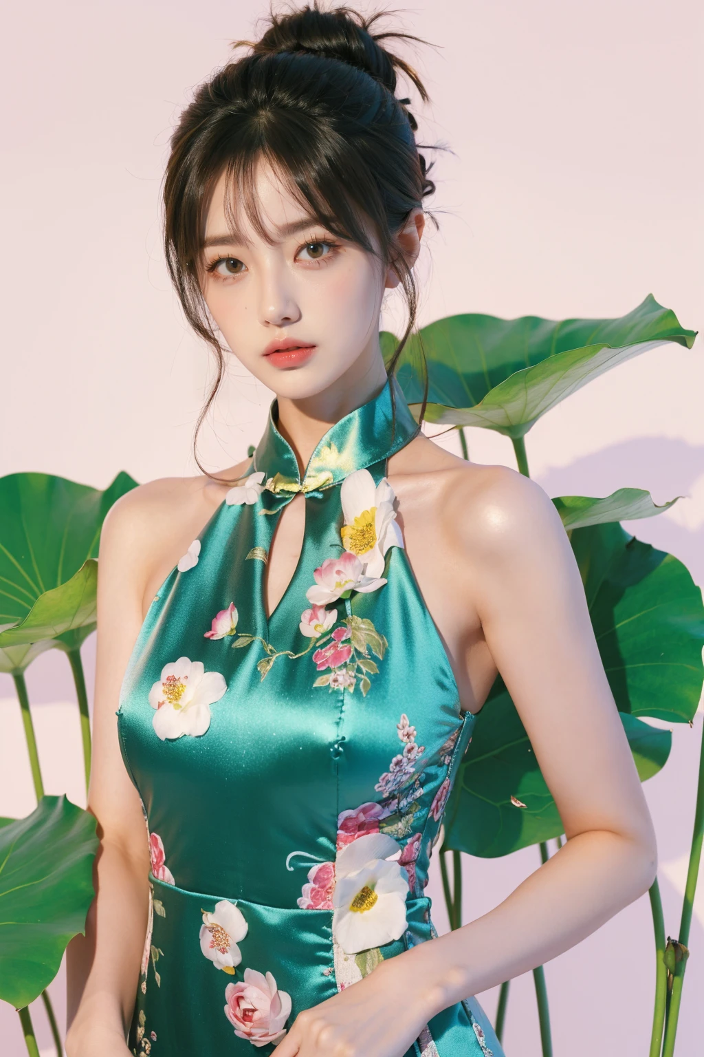 photorealistic,realistic,photography,masterpiece,best quality,ultra-detailed,extremely detailed CG unity 8k wallpaper,(reality: 1.4),1girl,solo,short hair,full body shot,simple background,white background,floral print,jewelry,brown hair,black hair,dress,bare shoulders,closed mouth,flower,print dress,chinese clothes,sleeveless dress,hair bun,lips,aqua dress,plant,lotus, <lora:JAY - LOTUS:0.7>, (best quality:1.3)