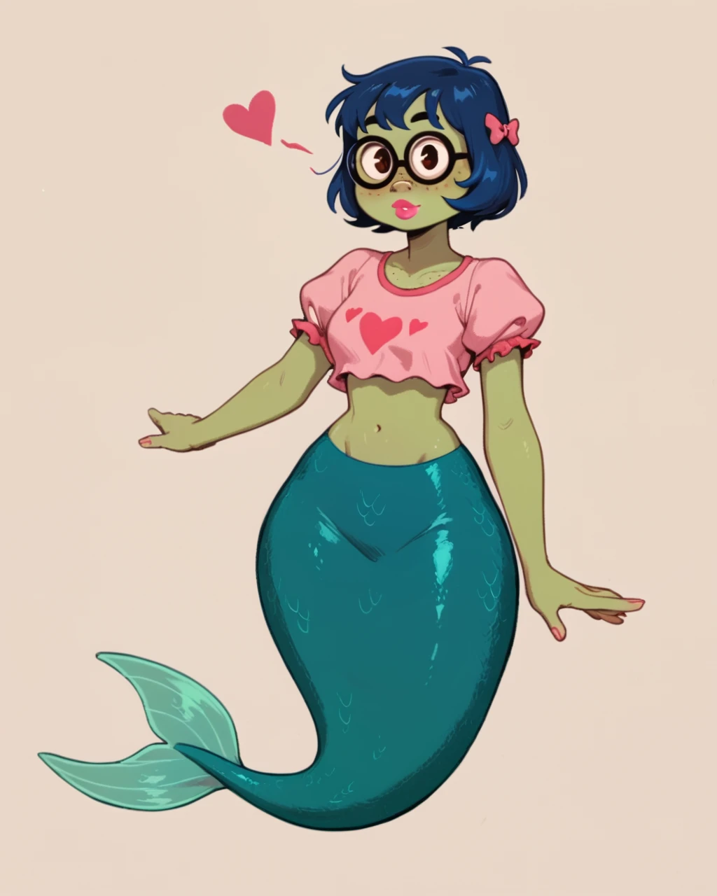 score_9, score_8_up, score_7_up, 1girl, green skin, blue hair, short hair, pink lips, freckles, heart on shirt, crop top, mermaid, glasses, bow, wide hips, full body