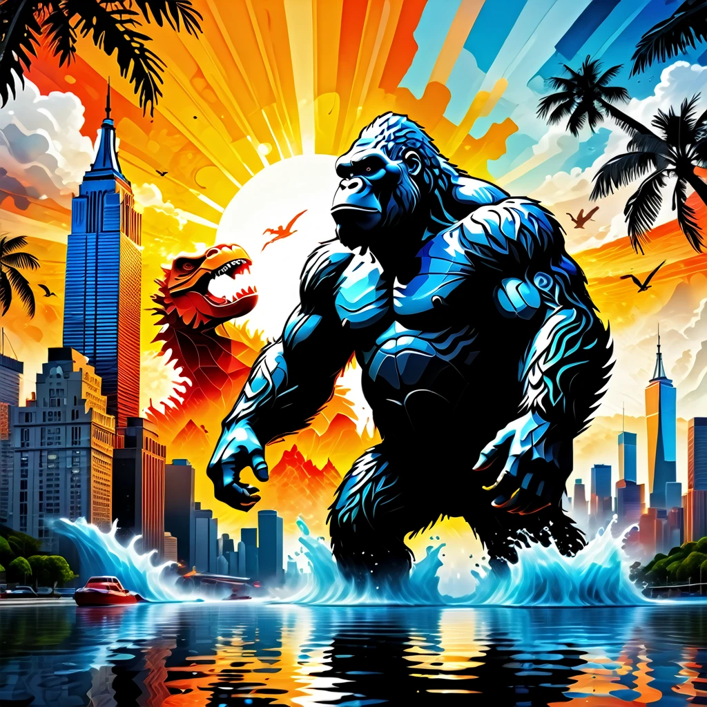 silhouette of King kong fighting against godzilla in new york, in splash art style, amazing depth, double exposure, building, cloud, cloudy sky, dusk, evening, fire, gradient sky, lens flare, motor vehicle, mountain, no humans, ocean, orange sky, palm tree, plant, scenery, sky, sun, sunlight, sunrise, sunset, tree, twilight, water, surreal, pattern, geometric patterns, intricately detailed, perfectly balanced, deep fine edges, artistic photorealism,photorealism, vivid colors,, 8K, UHD, many details, extreme detailed, full of details, BadDream,, Jed-Splash,    <lora:ColourfullSplashStyle:0.5>