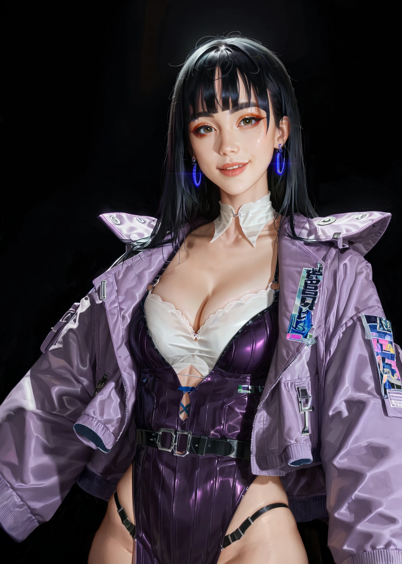 score_9, score_8_up, score_7_up, 1girl, solo, cowboy shot, open jacket, parted lips, zhongguoduliu, black background, black hair, small earrings, makeup, smile, ulzzang, teen, detailed, breasts, cleavage, robot joints, hime cut, purple bomber jacket, floating
<lora:zhongguoduliu:0.8>
<lora:Pony_DetailV2.0:0.8>