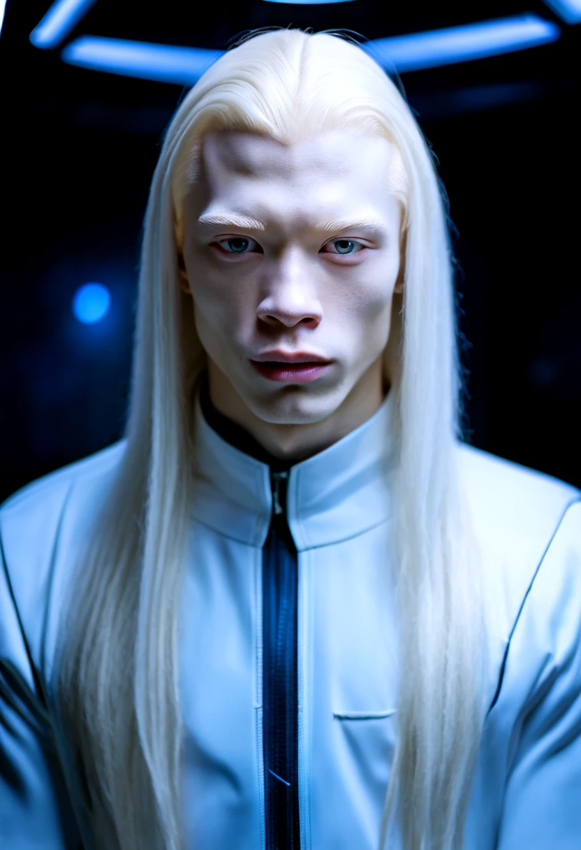 albino man photograph, 25 years old, long straight white mullet hair, cerulean gray eyes, very pale skin, blue alien suit, tech room, alien, ultra realistic, true high quality, high resolution, 8k, half body shot, perfectly straight and smooth white hair, gray eyes, very sweet expression, straight hair