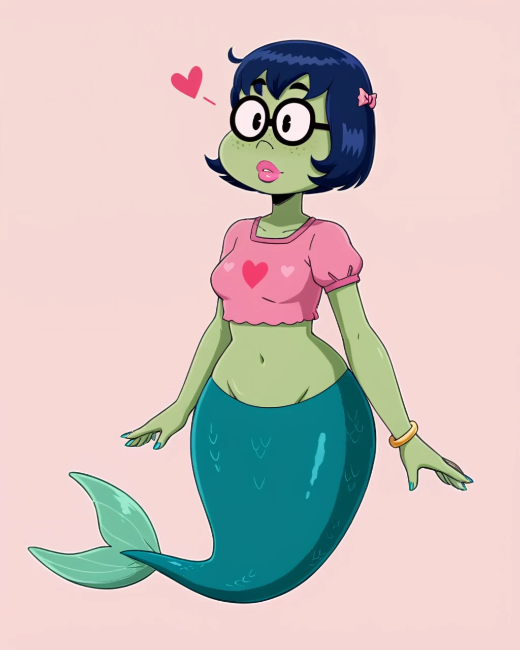 masterpiece, best quality, 1girl, mindy, blue hair, short hair, glasses, black eyes, colored skin, green skin, pink crop top, puffy short sleeves, view from side, lying on sand, looking at viewer, mermaid, solo, blue sky, sea, sand, tropical island background <lora:PrincessMindy:1>