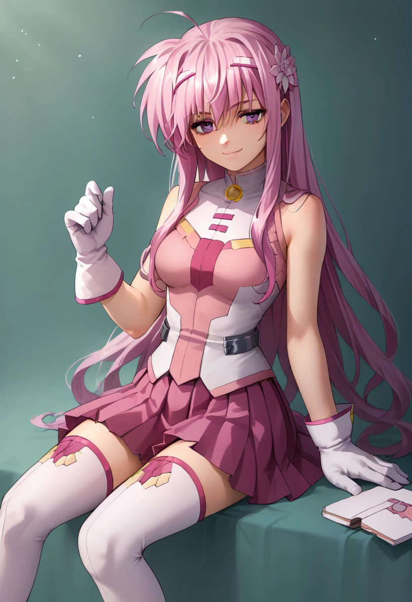 score_9, score_8_up, score_7_up, source_anime, good anatomy, solo, 1girl, kyrie florian, pink hair, long hair, hairband, white hairband, flower, pink eyes, pink shirt, pink skirt, pleated skirt, white gloves, white thighhighs, smirk, sitting, (((no jacket)))