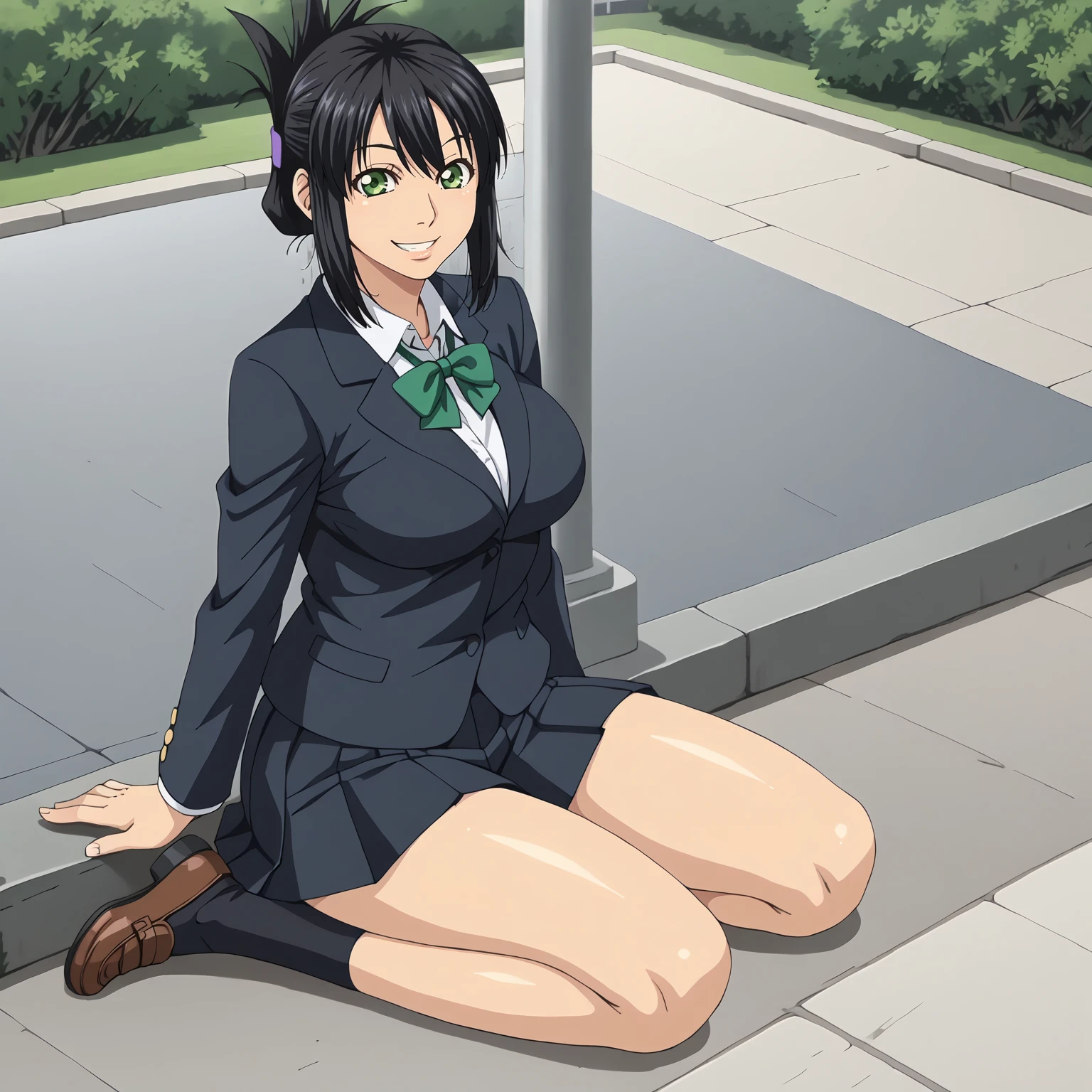 <lora:SakiTakanashiXLpony001>,
smile,
solo,
SakiTakanashi,1girl,black hair,folded ponytail,green eyes,
large breasts,
school_uniform,blazer,white shirt,
pleated_skirt,black skirt,
outdoors,
full body,sitting,