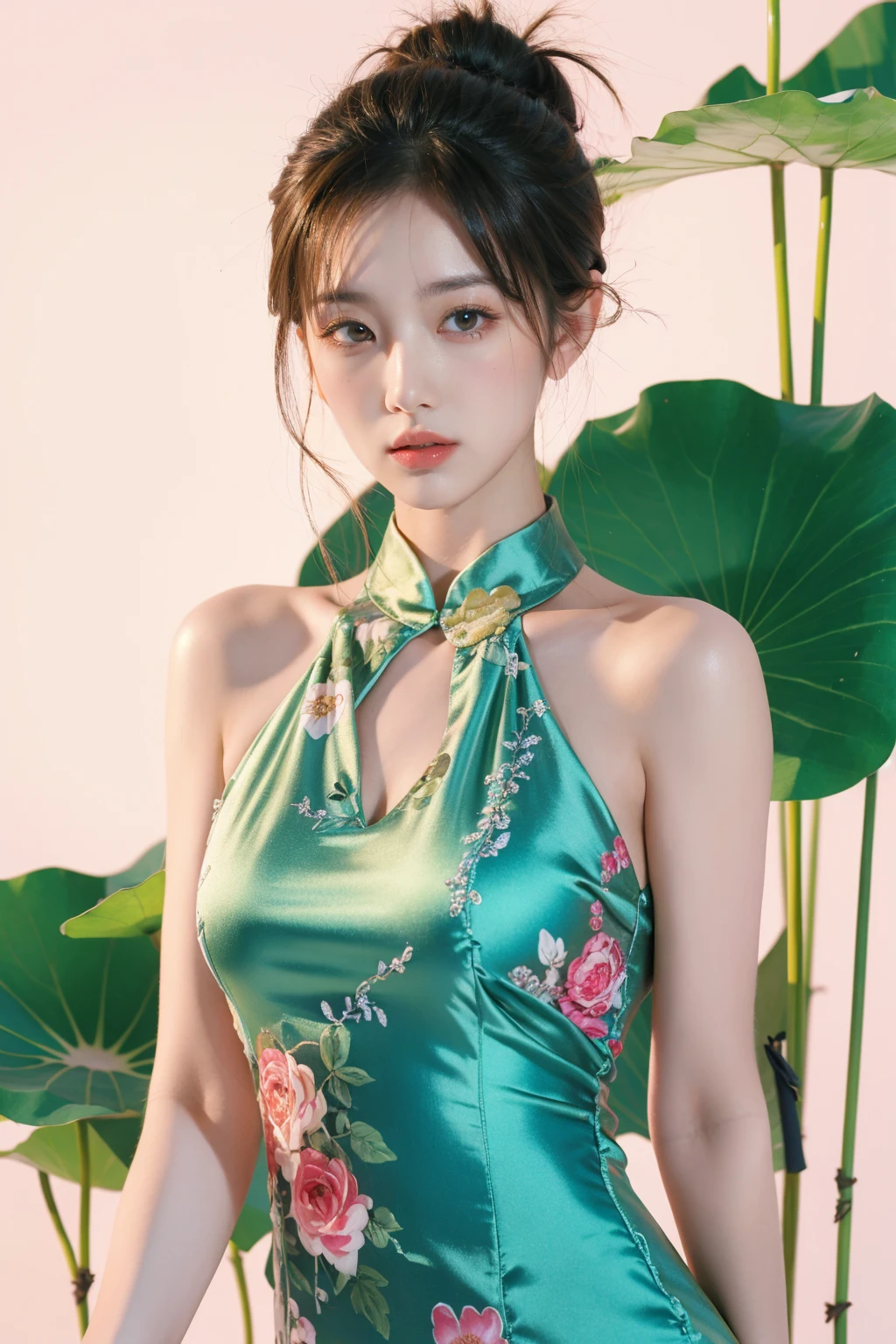 photorealistic,realistic,photography,masterpiece,best quality,ultra-detailed,extremely detailed CG unity 8k wallpaper,(reality: 1.4),1girl,solo,short hair,full body shot,simple background,white background,floral print,jewelry,brown hair,black hair,dress,bare shoulders,closed mouth,flower,print dress,chinese clothes,sleeveless dress,hair bun,lips,aqua dress,plant,lotus, <lora:JAY - LOTUS:0.7>, (best quality:1.3)