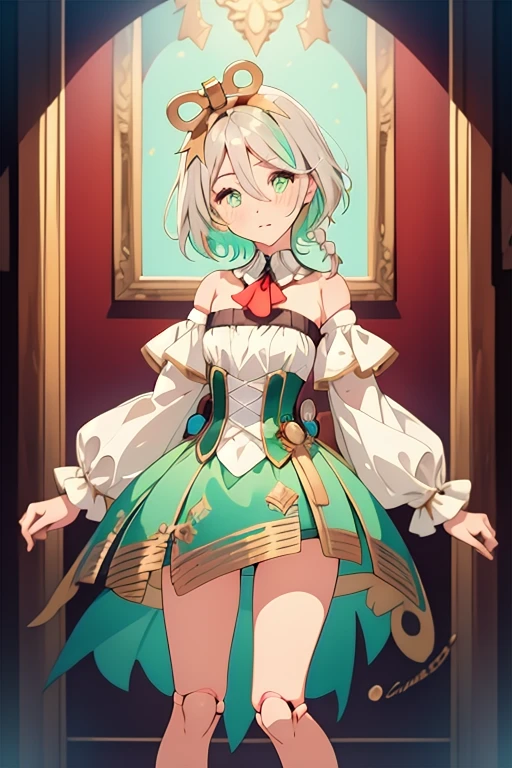 (masterpiece, best quality, high quality:1.2),illustration,  <lora:CeciliaImmergreen v1.0:0.8> ceciliaimmergreen, 1girl, solo, short hair, bare shoulders, green eyes, upper body, white hair, braid, multicolored hair, green hair, detached collar, joints, doll joints, green dress, musical note, flat chest, white sleeves, puffy sleeves, wrist cuffs, gold cuffs, translucent dress, layered sleeves, corset, red ascot, choker, white choker, hairband, gold hairband, blue hair, messy hair, gears, tailcoat, anklet, sandals, brown footwear, high heeled sandals, bare legs, gold trim, aqua eyes, hair between eyes, bloomers, white topwear, puffy dress, full body, workshop