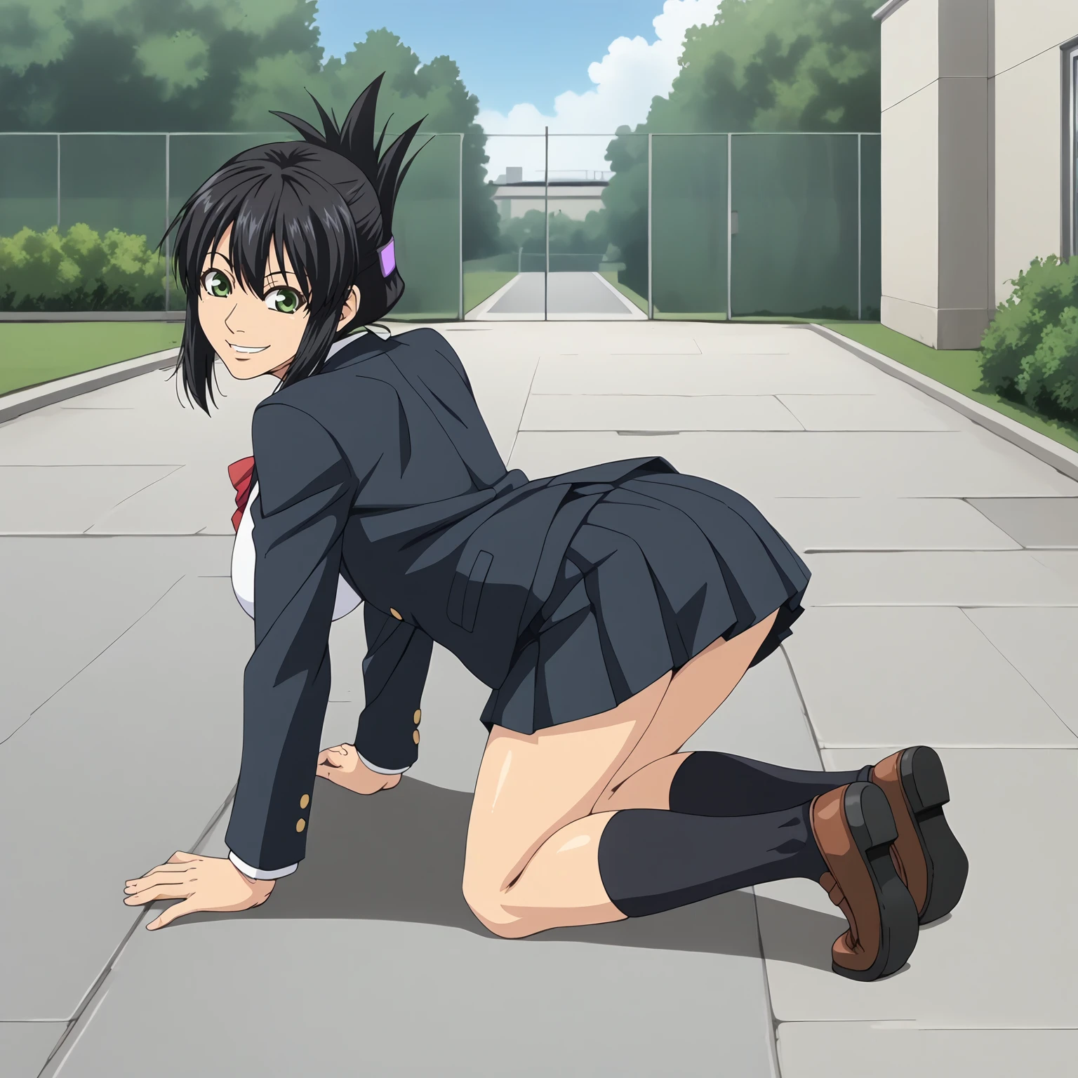 <lora:SakiTakanashiXLpony001>,
smile,
solo,
SakiTakanashi,1girl,black hair,folded ponytail,green eyes,
large breasts,
school_uniform,blazer,white shirt,
pleated_skirt,black skirt,
outdoors,
full body,all fours,looking back,