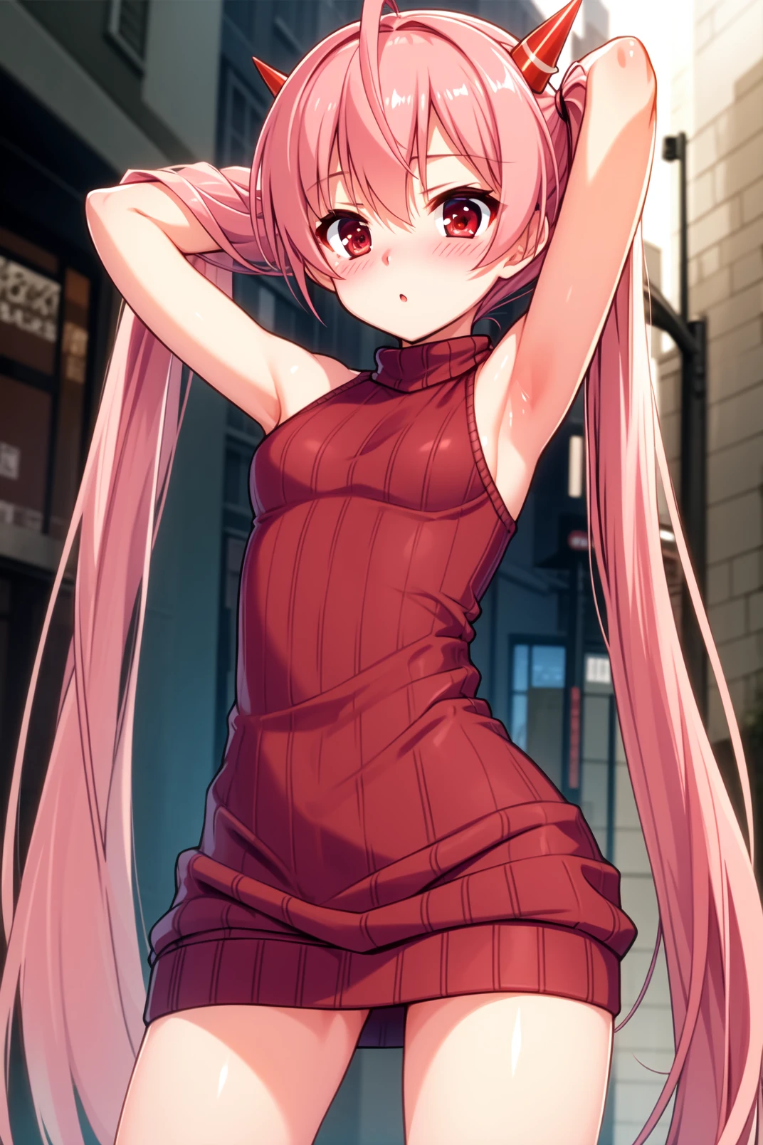 solo, masterpiece, best quality, outdoors, street, cowboy shot, standing, looking at viewer, :o, closed mouth, blush,  aria, red eyes, pink hair, very long hair, twintails, tiny horns, red horn, ribbed sweater, sweater dress, turtleneck, sleeveless, arms behind head