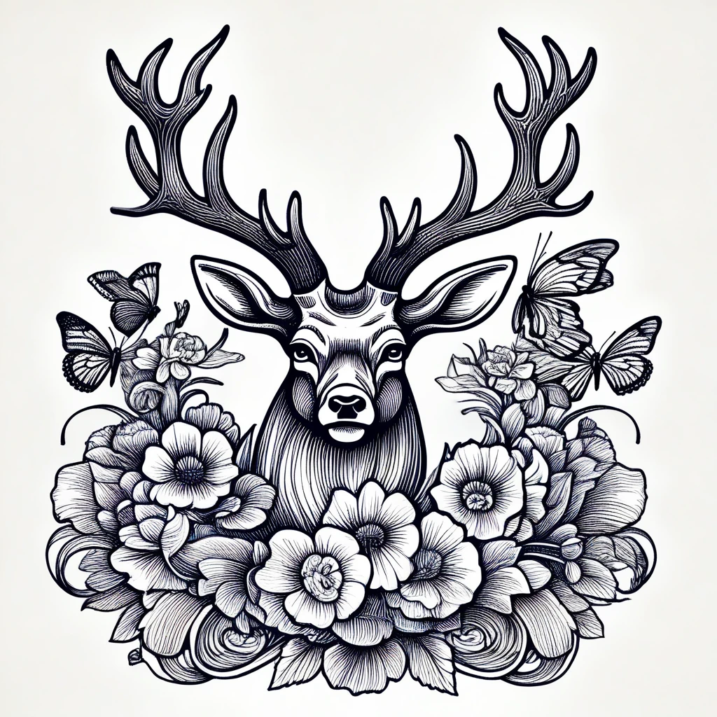 still life, open mouth, deer, horns, looking at viewer, flower, butterfly, lineartlora, fine art parody