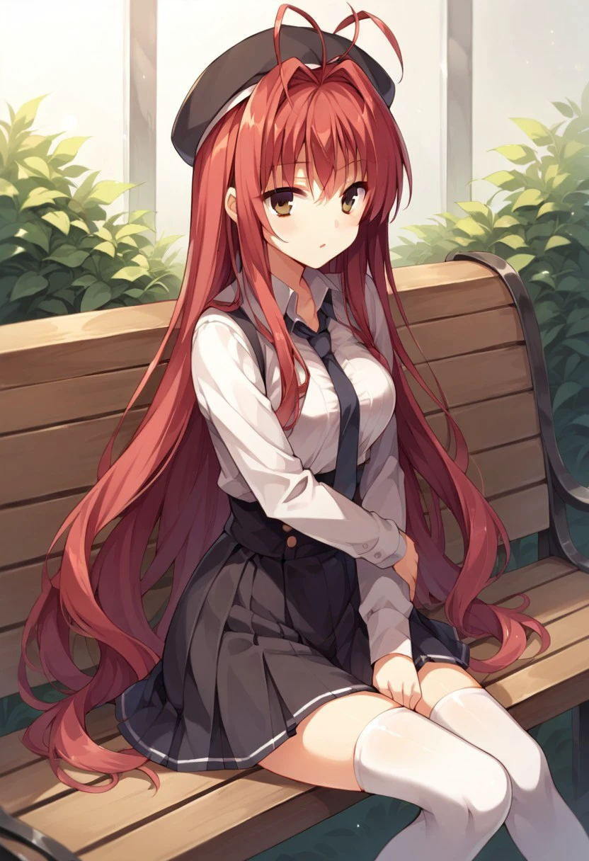 score_9, score_8_up, score_7_up, source_anime, miu yarai, long hair, red hair, brown eyes, 1girl, solo, hat, thighhighs, skirt, bench, necktie, sitting, white thighhighs, antenna hair