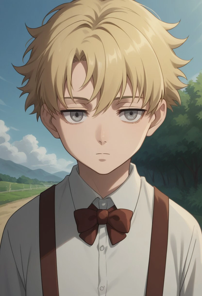 score_9, score_8_up, source_anime, highly detailed, 
july_d, solo, blonde hair, expressionless, grey eyes, 1boy, male focus, looking at viewer, suspenders, bow, bowtie, shirt, white shirt, upper body,
outdoor,