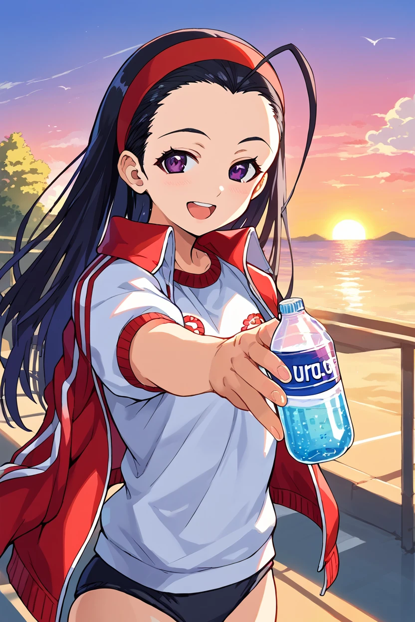 score_9, score_8_up, score_7_up, source_anime BREAK 1girl, solo, justice_iintyo, red gym uniform, open jacket, white shirt, black buruma, forehead, red hairband, black hair, long hair, looking at you, smile, open mouth, outstretched plastic bottle soft drink, holding plastic bottle soft drink, radiant sunset, school, outdoor <lora:justice_iintyo:1>