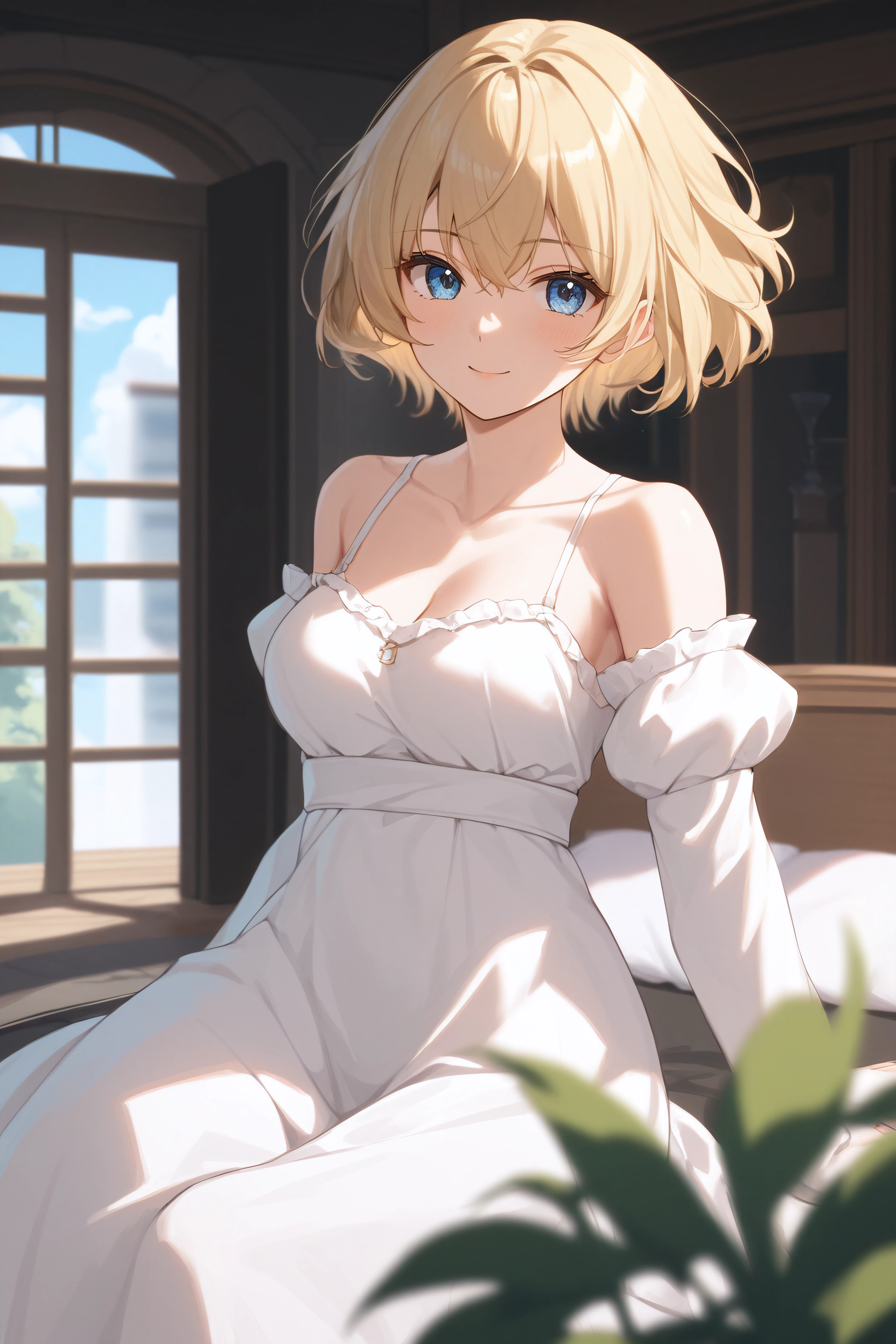 score_9, score_8_up, score_7_up, BREAK source_anime, <lora:Arte-PonyXL-lora-Faxtron:0.8> arte, blue eyes, blonde hair, short hair, medium breasts, long white dress, collarbone, long sleeves, bare shoulders,