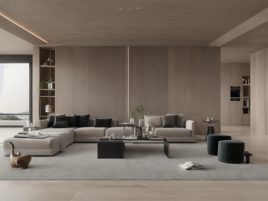 a living room with a couch, chair, coffee table and a rug on the floor and a window, muted colors, a 3D render, light and space,Dark style,Marble elements in the background