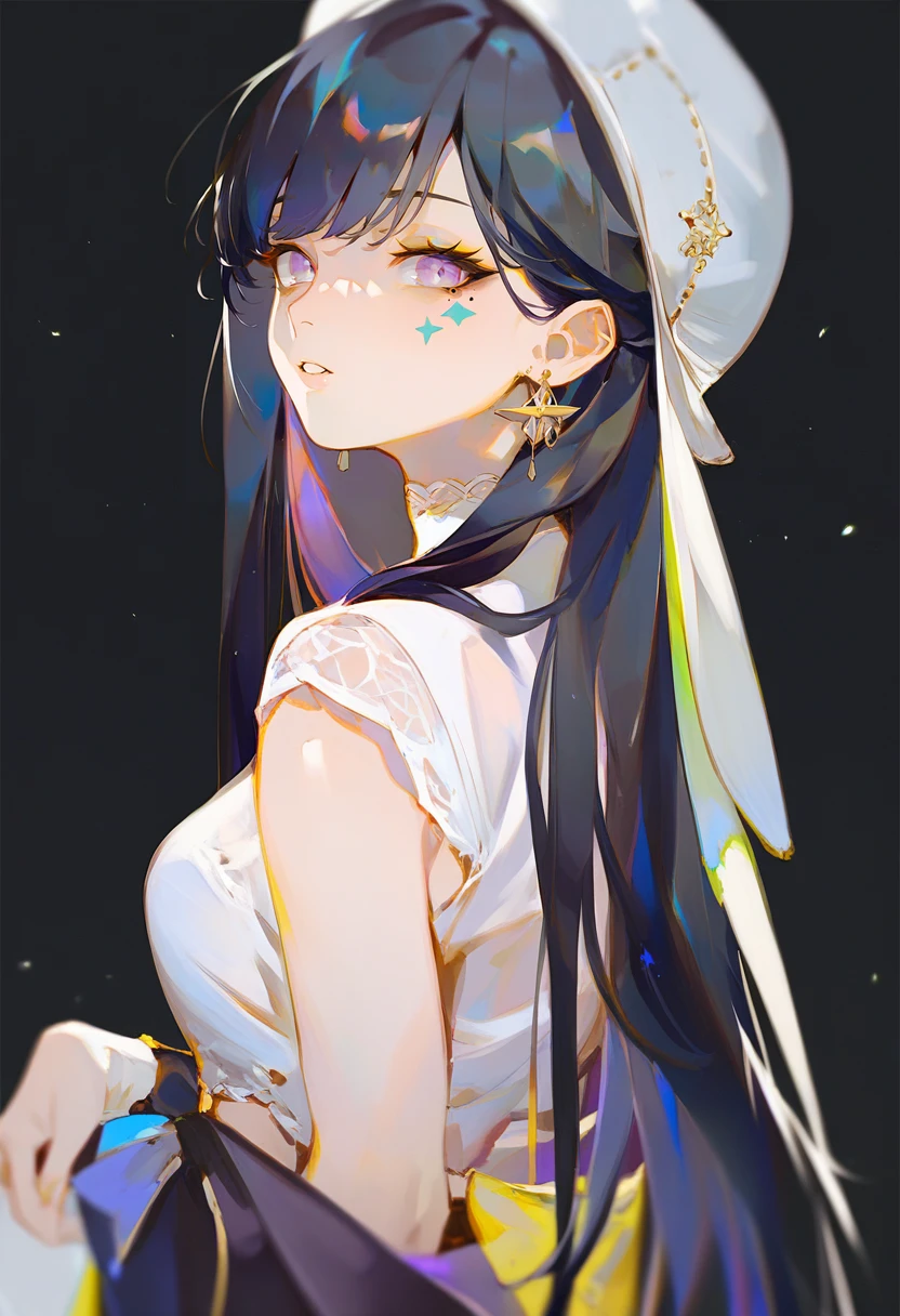 score_9, score_8_up, score_7_up, score_6_up, <lora:rei_XLP6_lokr_V4312:0.95> 1girl, black hair, solo, hat, jewelry, earrings, purple eyes, mole under eye, long hair, looking at viewer, mole, parted lips, white headwear, black background, virtual youtuber, makeup, bangs, multicolored hair, shirt, facial mark, eyeshadow, simple background