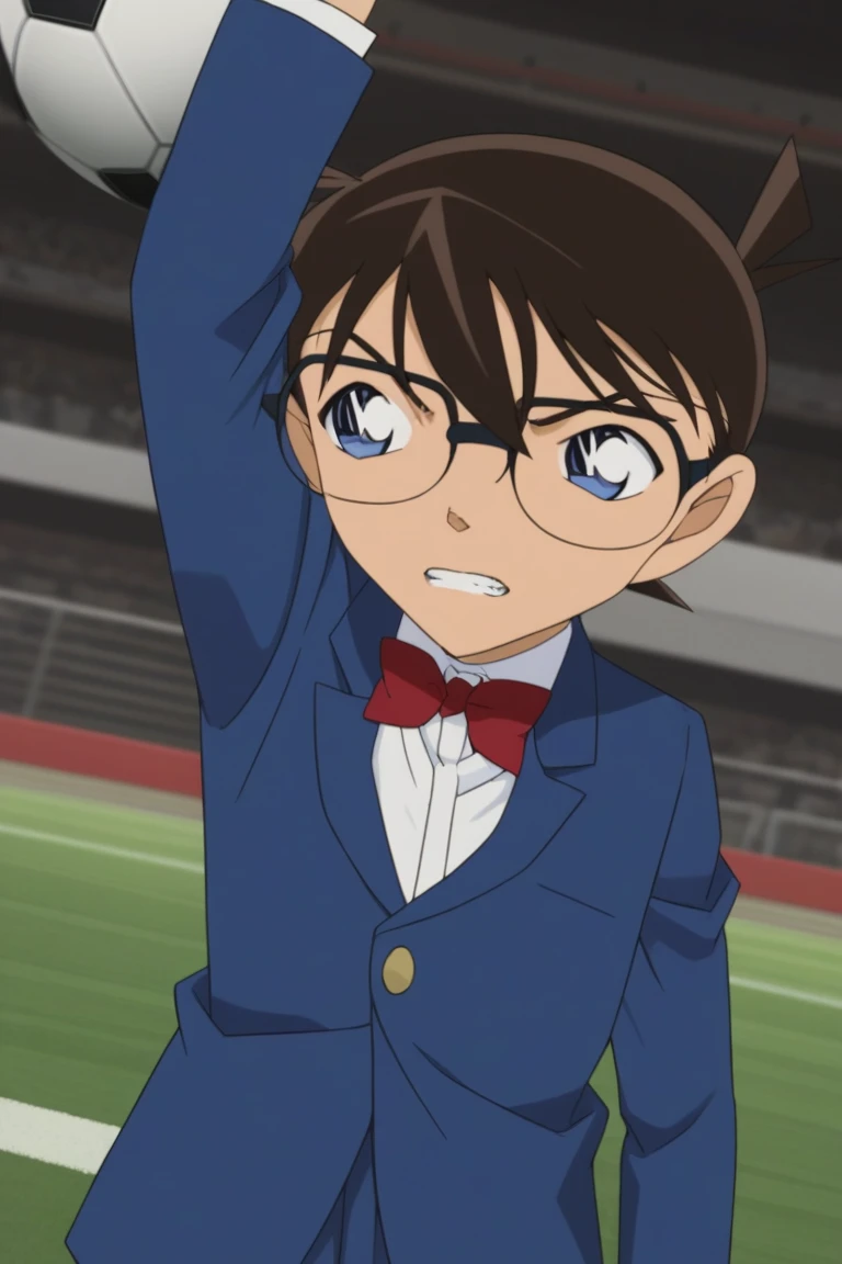 score_9, score_8_up, score_7_up, score_6_up, detailed, intricate details,cowboy shot,best quality ,source_anime, conan edogawa, brown hair, blue eyes, glasses, blue jacket, white shirt, red bowtie, 1boy, male focus, solo, bow, teeth, clenched teeth, soccer ball, ball, bowtie, red bow, black-framed eyewear, school uniform, arm up, score_5_up<lora:EMS-409559-EMS:1.000000>