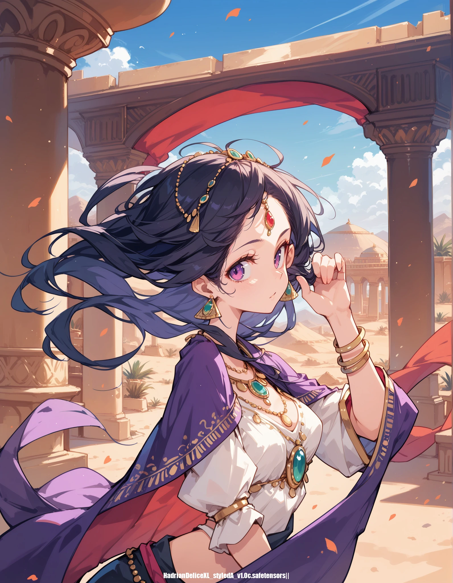 score_9,score_8_up,score_7_up, ,, desert, arabian architecture, 1girl,solo,gypsy,dancing,upper body,looking at viewer, floating hair,, looking at viewer, hair tweak