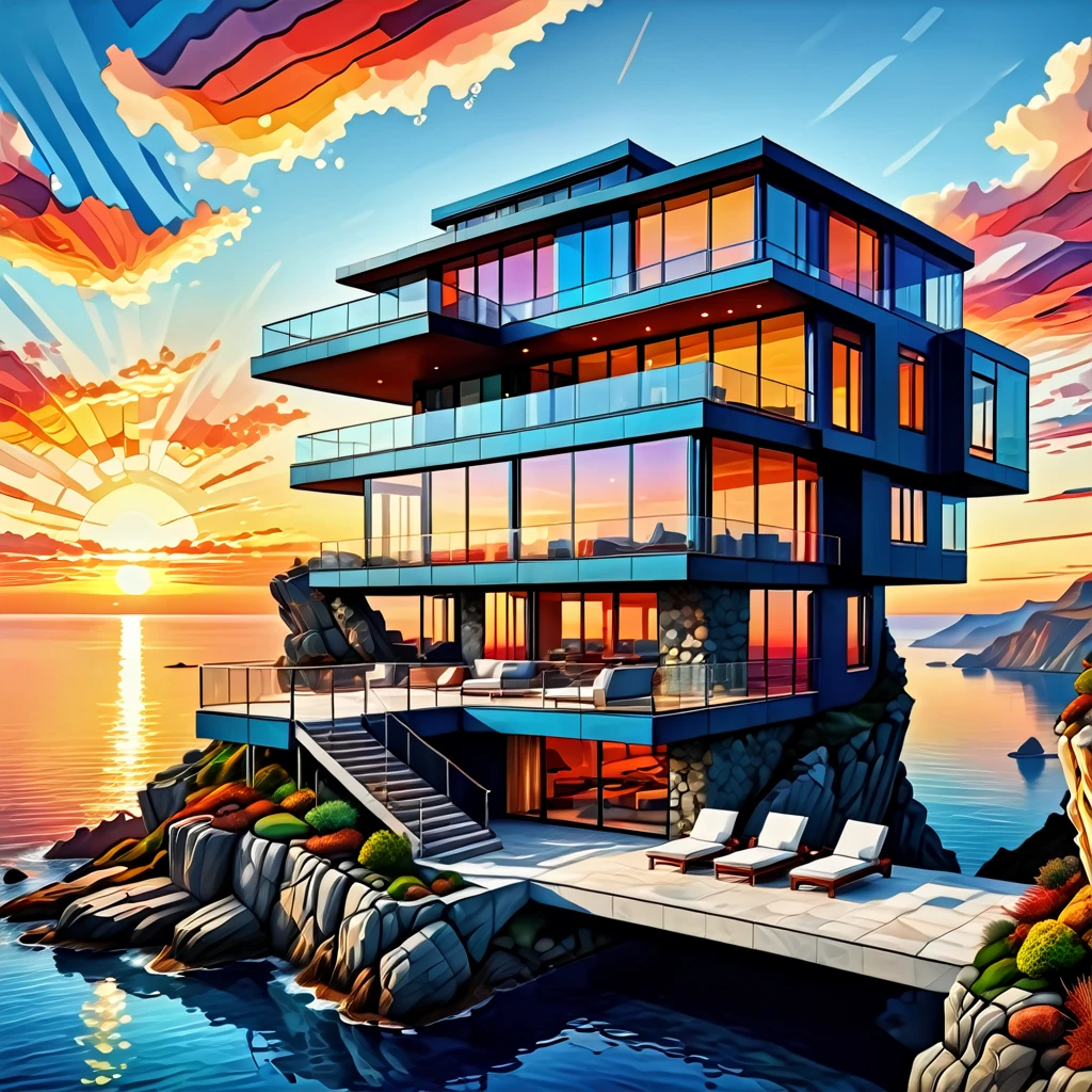 a colored  painting of a huge house on a rocky cliff with a giant balcony around the house the balcony is over clearblue water you can see trough giant glass windows inside is furniture and outside also
The focus is on the ceiling with the beautiful sunset sky,(sharp focus:1.2),DOF, geometric patterns, intricately detailed, perfectly balanced, deep fine edges, artistic photorealism,photorealism, vivid colors,, 8K, UHD, many details, extreme detailed, full of details, BadDream,, Jed-Splash,    <lora:ColourfullSplashStyle:0.5>