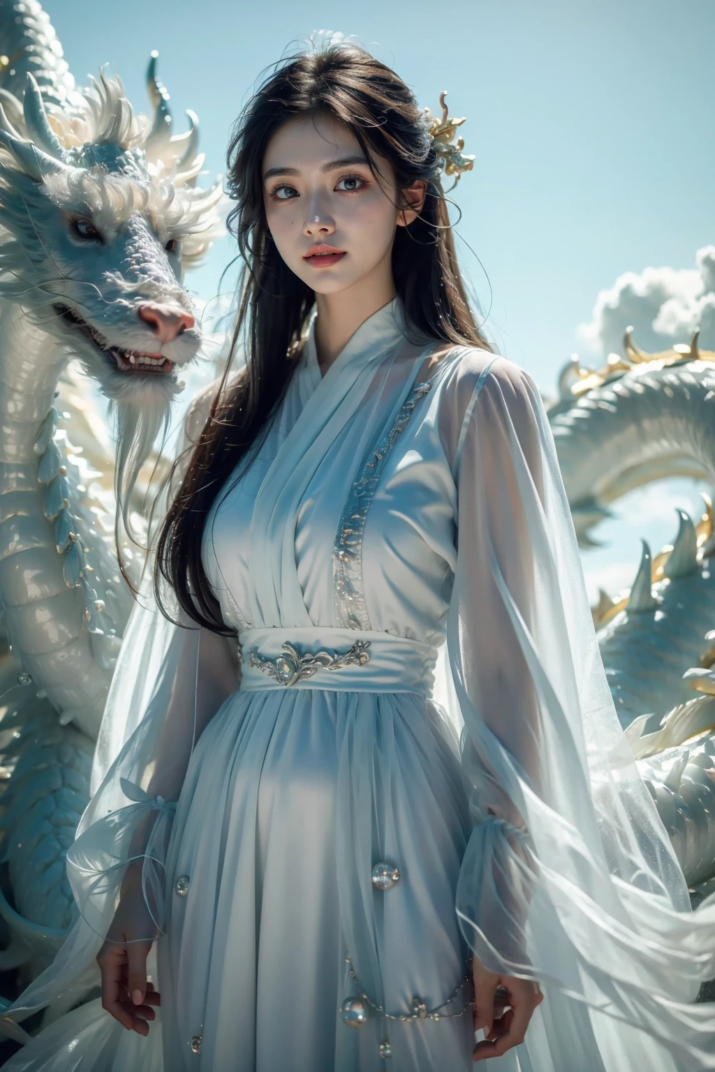 photorealistic,realistic,photography,masterpiece,best quality,ultra-detailed,extremely detailed CG unity 8k wallpaper,(reality: 1.4),1girl,solo, standing,black hair,long hair,hair ornament,looking at viewer,solo,long sleeves,blue sky,dress,jewelry,see-through,any cloud,blue dragon, one eastern dragon,((light blue)),<lora:JAY - BLUE DRAGON:0.8>,overview,, (best quality:1.3)