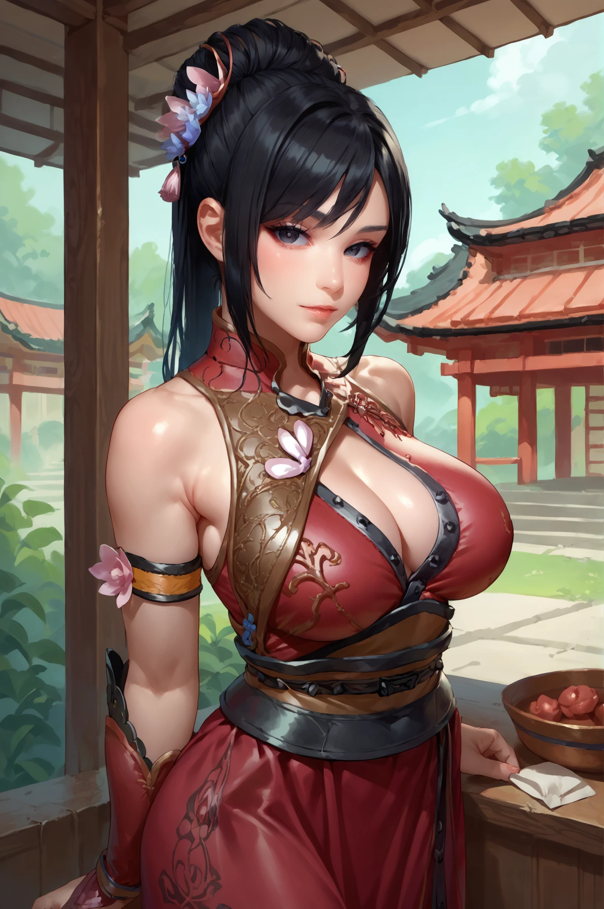 score_9, score_8_up, score_7_up, 1girl, solo, looking at viewer, bare shoulders, black hair, big breasts, cleavage cutout, dress, hair ornament, long hair, pavilion, <lora:Lianshi_Dinasty_Warrior_9:0.8>