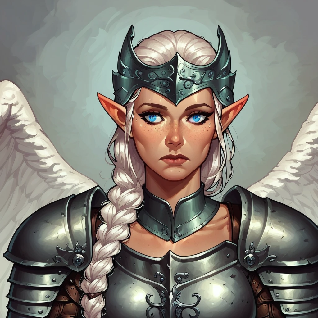 headpiece, angel wings, braid, mature female, white hair, dungeons and dragons, freckles, solo, blue eyes, armor, semi realistic, elf, closed mouth, expressionless, feathered wings, Vandria, light blue eyes, breastplate, in full armor, breasts, steel-gray wings, wings, 1girl, hair over shoulder, portrait, shoulder armor, simple grey background, long hair, , braided hair, medieval, valkyrie, pointy ears