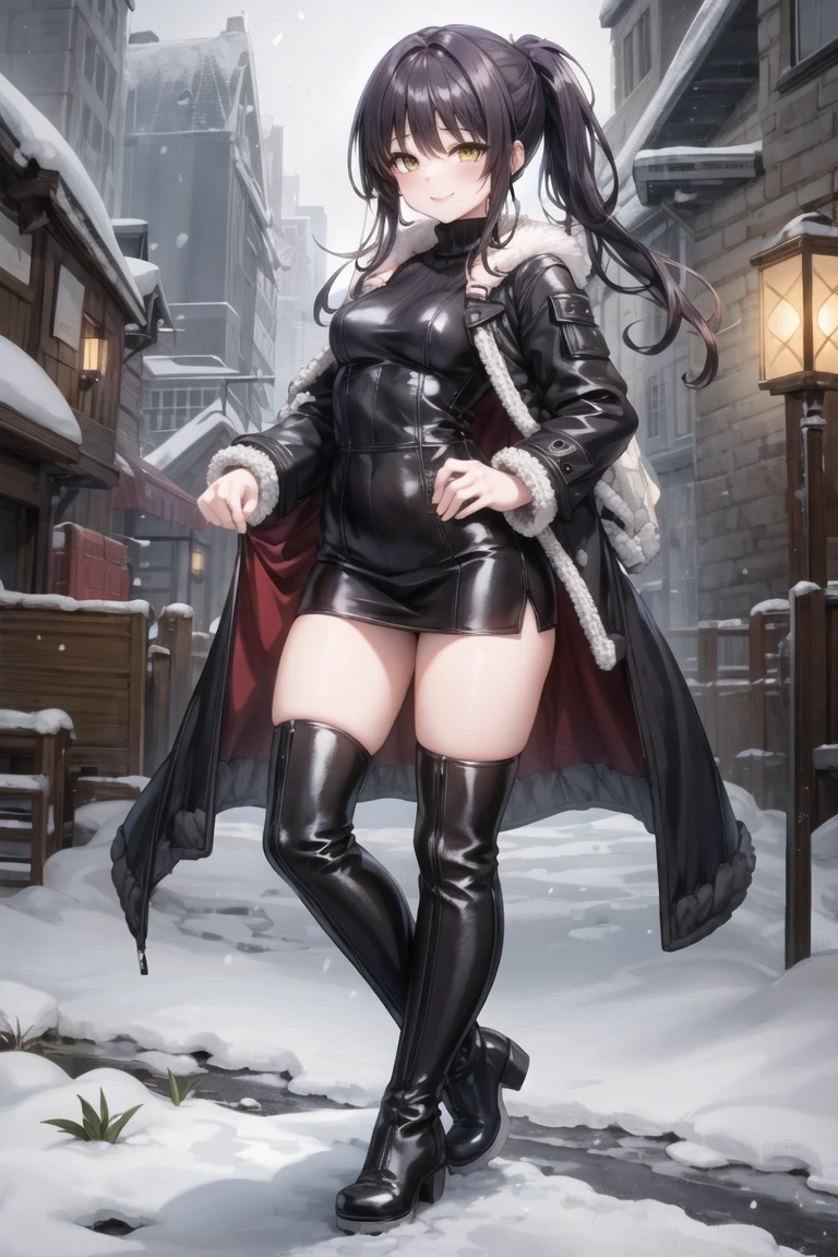 (masterpiece, best quality, beautiful and aesthetic:1.2), 1girl, solo,(soft skin:1.1),standing, cowboy shot,(detailed background), outside, snowstorm in the ice mountains, at dawn, winter clothes, (long overall coat:1.3), turtleneck sweater, (miniskirt:1.3), (long fur leggings:1.3),  (long leather boots:1.3), charming pose, seductive, smiling, yellow eyes, black hair, pony tail, 
<lora:tatsuichi_monji-10:1.0:lbw=ALL>