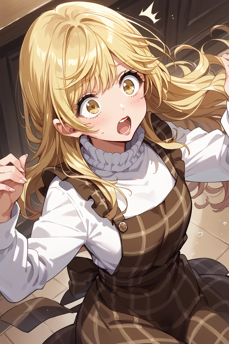 score_9, score_8_up, score_7_up, score_6_up, 1girl,
 <lora:Tsukimiyama_Nagisa:0.9> nagisa, blonde hair, long hair, yellow eyes, cute, plaid brown apron, long sleeves, high collar, white top, shocked, red lips, high angle,