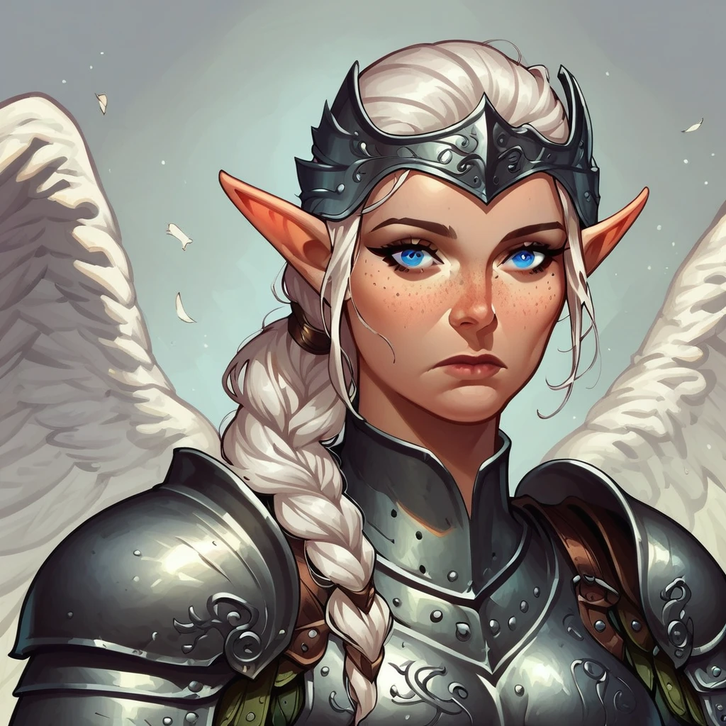 ponytail, semi realistic, elf, mature female, dungeons and dragons, looking at viewer, armor, white hair, Vandria, portrait, braid, medieval, simple grey background, braided hair, light blue eyes, freckles, expressionless, wings, in full armor, feathered wings, solo, closed mouth, breastplate, blue eyes, long hair, hair over shoulder, valkyrie, , steel-gray wings, shoulder armor, breasts, 1girl, angel wings