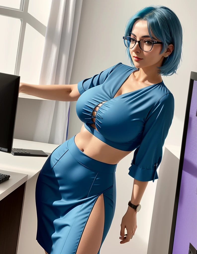 a woman with blue hair and glasses posing for a picture, a picture, inspired by Ivan MrkviÄka, minimalism, big breasts!!, female boss in office sensual dress, dominant posture, wearing a formal cropped top, taken in 2 0 2 0, purple and teal garment, using a sexy lingerie, 4k], looking from side!, in square-rimmed glasses, ð¤  using a ð¥