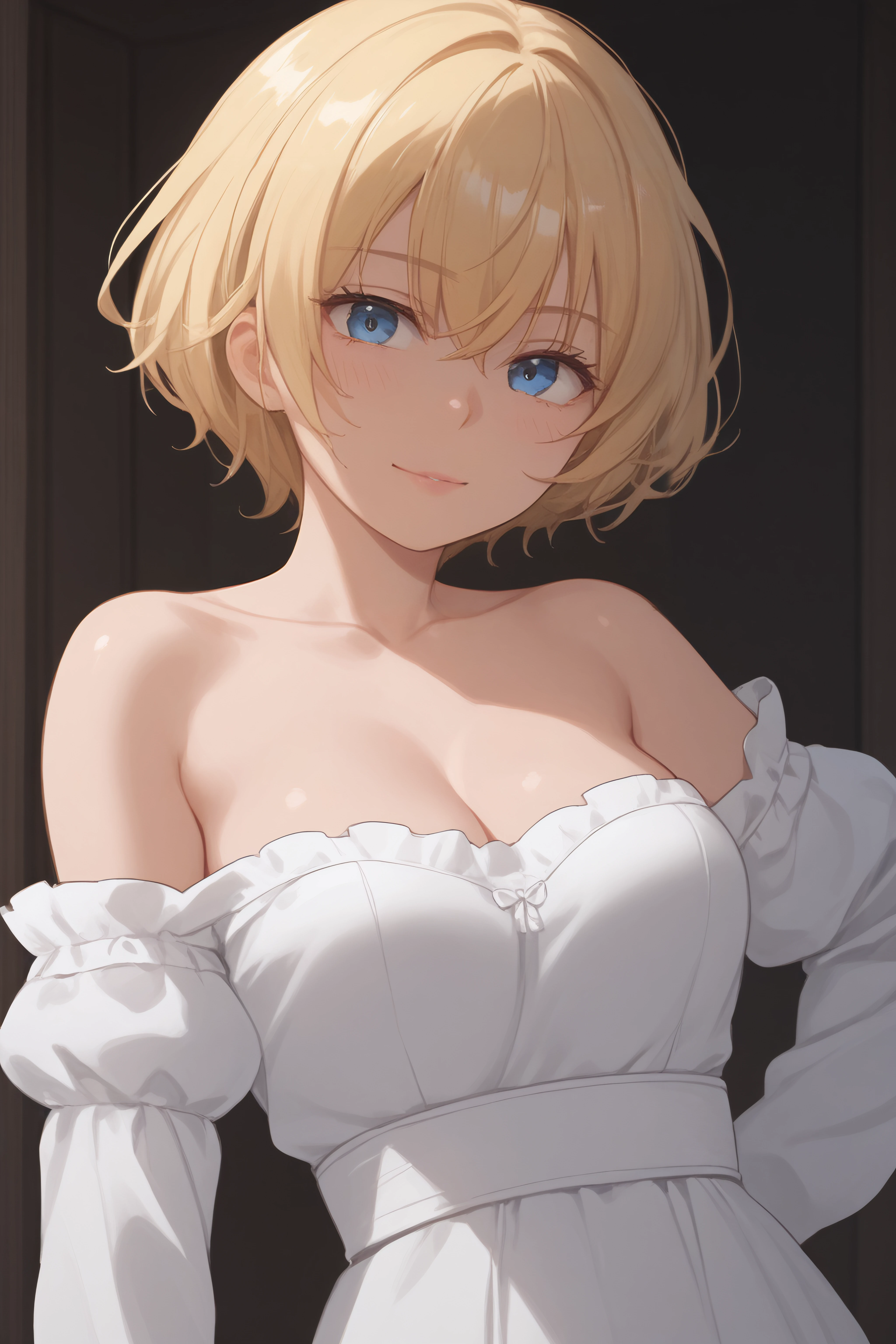 score_9, score_8_up, score_7_up, BREAK source_anime, <lora:Arte-PonyXL-lora-Faxtron:0.8> arte, blue eyes, blonde hair, short hair, medium breasts, long white dress, collarbone, long sleeves, bare shoulders,