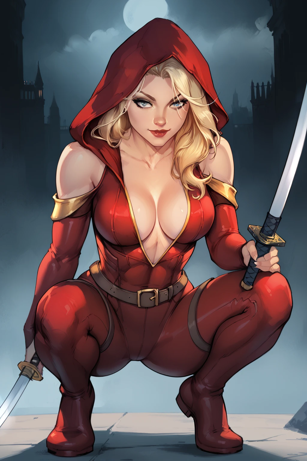 score_9, score_8_up, score_7_up, masterpiece, high quality, BREAK
<lora:Britney WatersPonyLoRA:1>britwtrs, long hair, hood, bodysuit, bare shoulders, long sleeves, cleavage, center opening, clothing cutout, thigh strap, bridal gauntlets, belt, planted katana, squatting, sinister smile