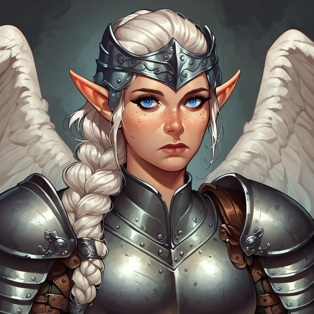 feathered wings, freckles, medieval, 1girl, solo, dungeons and dragons, simple grey background, valkyrie, steel-gray wings, closed mouth, white hair, braided hair, blue eyes, headpiece, semi realistic, mature female, wings, breasts, looking at viewer, shoulder armor, armor, breastplate, , braid, light blue eyes, angel wings, Vandria, long hair, in full armor, ponytail, elf, portrait, expressionless