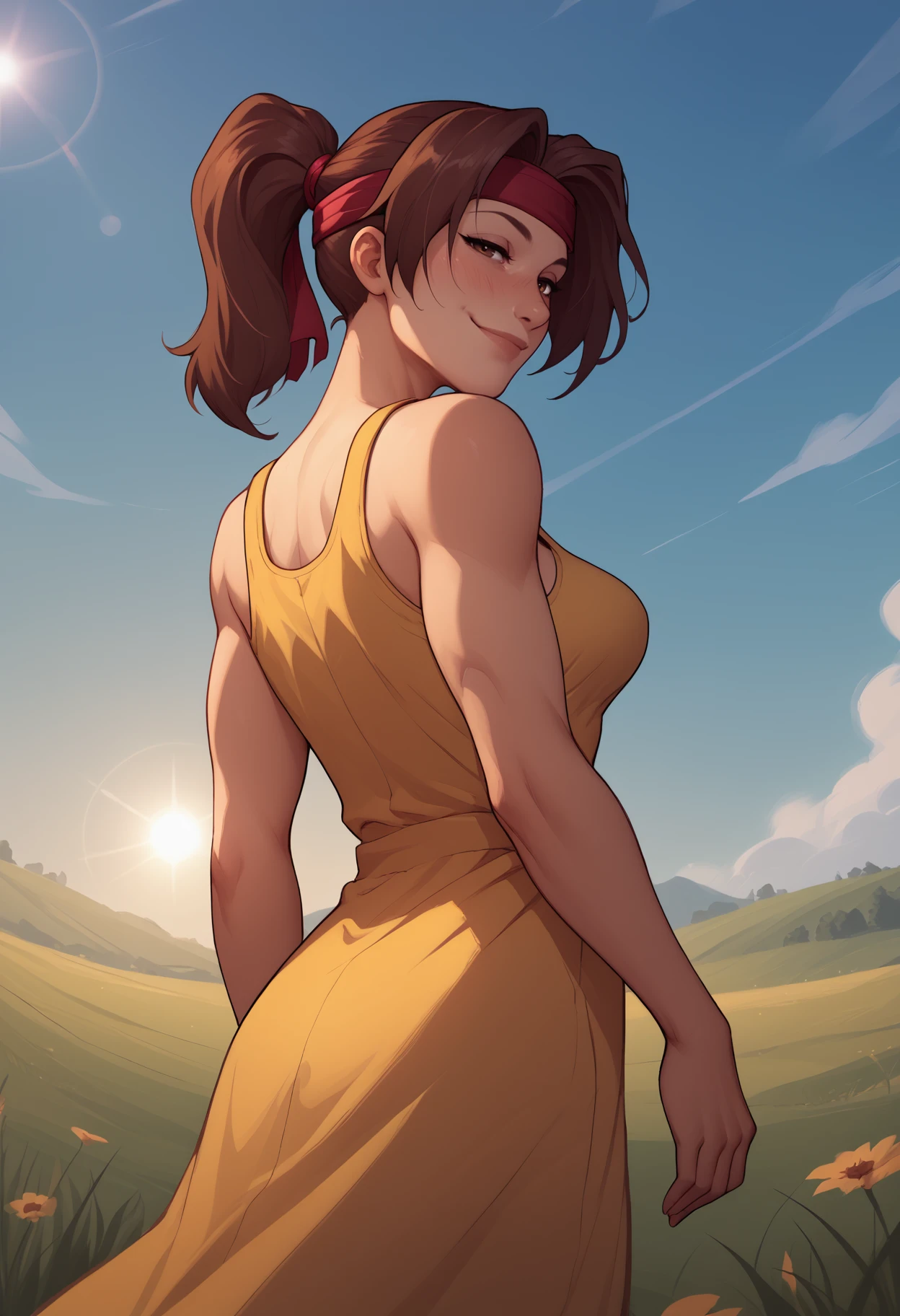 score_9, score_8_up, score_7_up, 1girl, solo, JessieFF7, brown hair, brown eyes, from behind, medium breasts, ponytail, upper body, half-closed eyes, eyelashes, red headband, yellow sundress, sleeveless, field, lens flare, (walking), light smile, short dress, looking at viewer, looking back, dutch angle, from below, looking down at viewer, looking down, <lora:jessieff7-ponyxl-beta3-08:1.0>