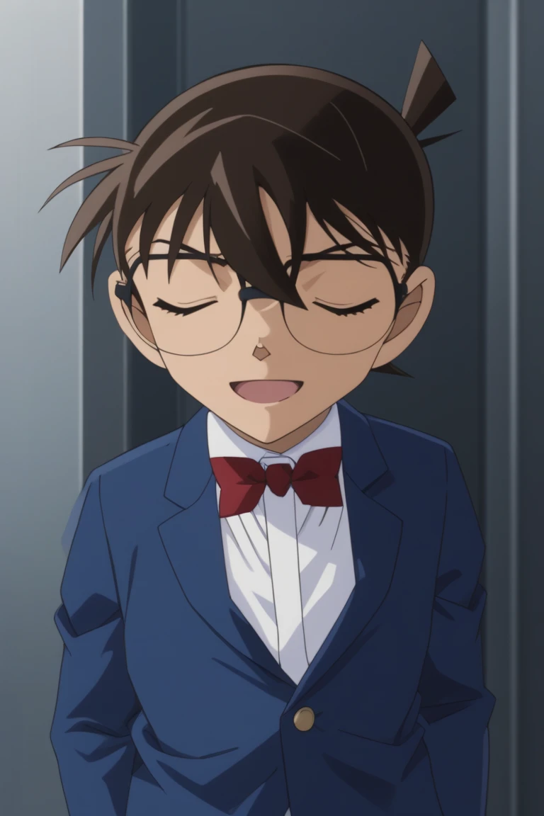 score_9, score_8_up, score_7_up, score_6_up, detailed, intricate details,cowboy shot,best quality ,source_anime, conan edogawa, brown hair, blue eyes, glasses, blue jacket, white shirt, red bowtie, 1boy, male focus, solo, closed eyes, bow, smile, open mouth, red bow, bowtie, facing viewer, :d, short hair, ^ ^, shirt, blush<lora:EMS-409559-EMS:1.000000>