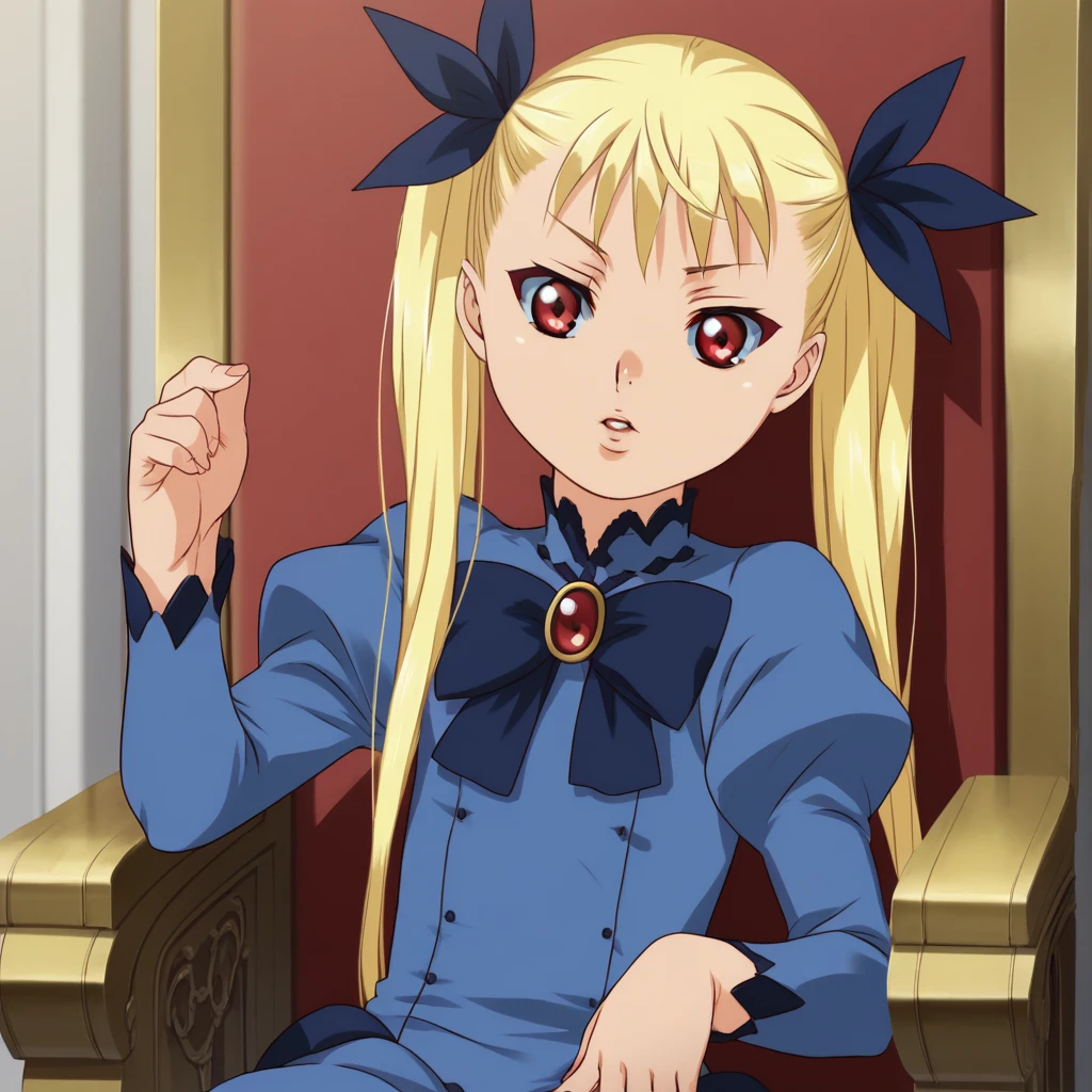 score_9_up, score_8_up, BREAK, Mina Tepes, 1girl, solo, blonde hair, twintails, long hair, red eyes, hair ribbon, blue dress, indoors, <lora:Mina_Tepes_PXL_Leaf1:1>, on throne, on chair,