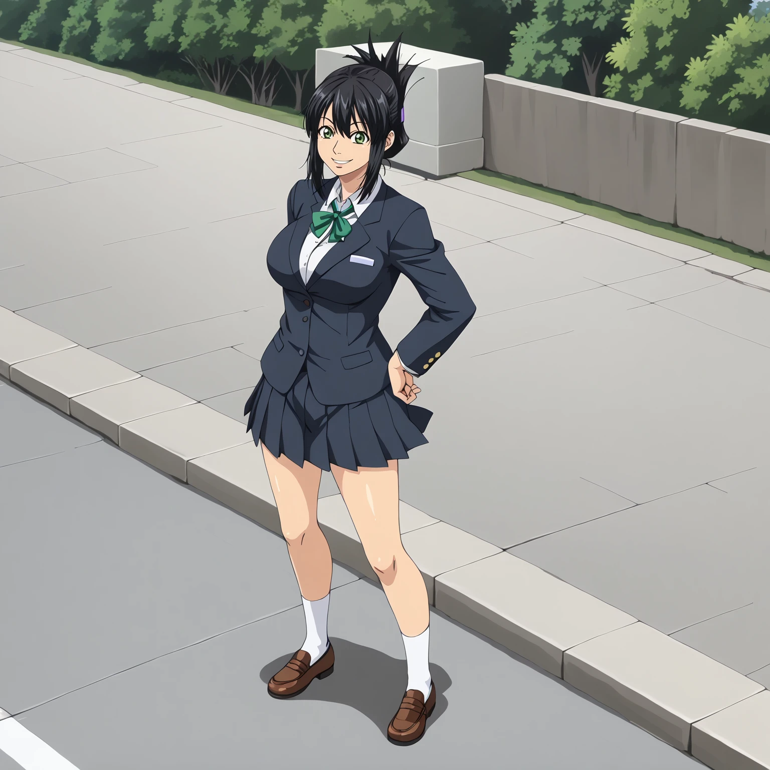 <lora:SakiTakanashiXLpony001>,
smile,
solo,
SakiTakanashi,1girl,black hair,folded ponytail,green eyes,
large breasts,
school_uniform,blazer,white shirt,
pleated_skirt,black skirt,
outdoors,
full body,standing,