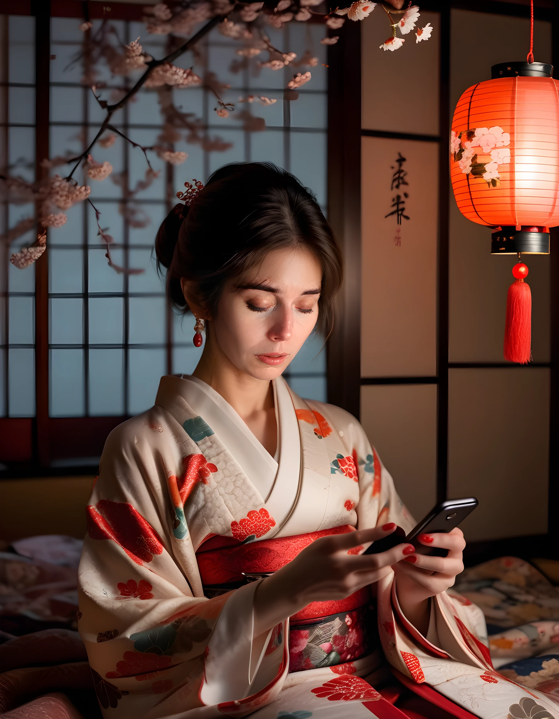 In a dimly lit, cozy living room, bathed in the warm glow of an antique Japanese lantern, a woman named K41T is captured from a low angle, her delicate features framed by the edge of a traditional kimono adorned with cherry blossoms. Her left hand, adorned with dangling silver earrings and a small mole near her nose, clutches a smartphone, while her right hand, fingernails painted a vibrant red, is raised in a friendly wave. The woman's short-sleeved white shirt peeks out from under the kimono, her slender fingers curled slightly around the phone screen. A soft, calico cat perched on the edge of a worn, quilted blanket nearby observes her with curious eyes, as if trying to decipher the mysterious content on her phone. The emotional tone of this captivating image is one of nostalgia and anticipation, as K41T navigates the digital world while still remaining connected to her traditional roots.