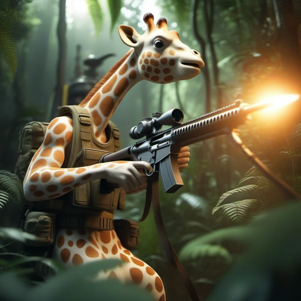 professional 3d model an muscular anthropomorphic giraffe animal shots a machinegun in the jungle <lora:Sophie1024:0.8> . octane render, highly detailed, volumetric, dramatic lighting