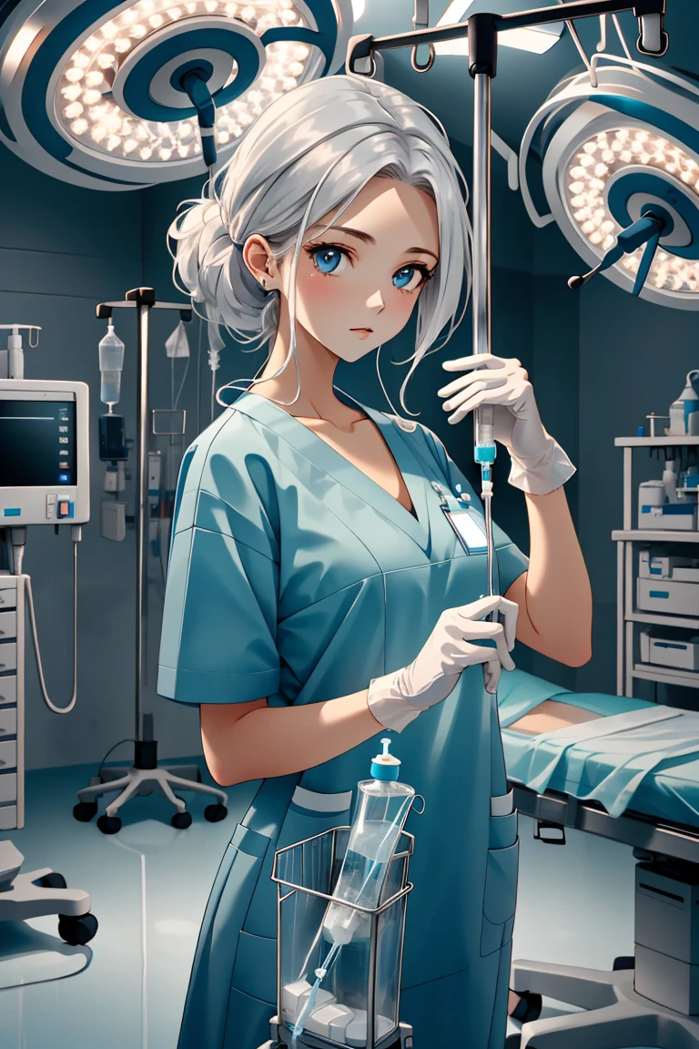 (RAW photo, best quality,facing the viewer,from front), operating room, overhead surgical light,blurred background, focused, dithering,backlighting,
 <lora:CM_Nurse_Setting_IV_Surgery_V2.0-000004:0.9> nurse iv setting, 1girl,solo, intravenous drip, hospital bed, white gloves, looking at viewer,