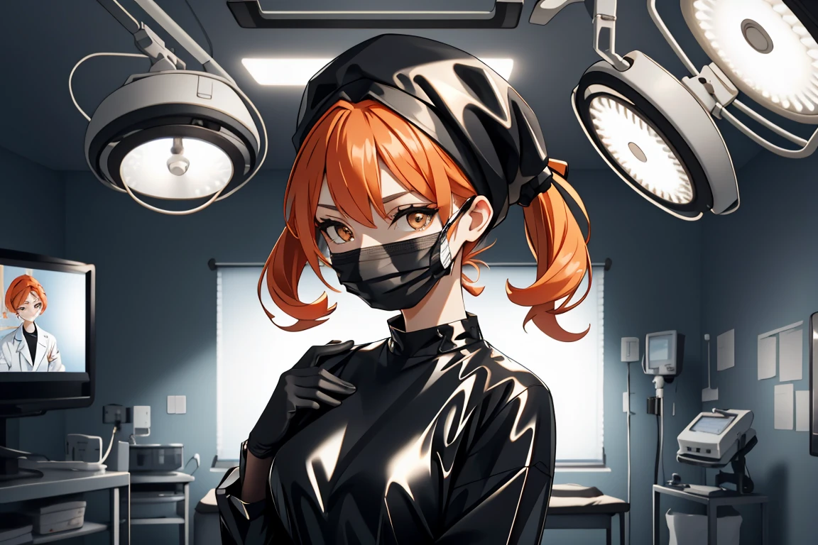 (RAW photo, best quality,facing the viewer,from front), operating room, overhead surgical light,blurred background, focused, dithering,backlighting,
 <lora:CM_doctor_surgeon_blackRubber_V2.0-000004:0.8> doctor_surgblackrubber, 1girl, solo, black dress, black gloves,latex, black headwear, mask, looking at viewer,long sleeves, long dress, 
 <lora:Chika_Naruse_v1.2:0.68> chika naruse,twintails,orange hair,yellow eyes,