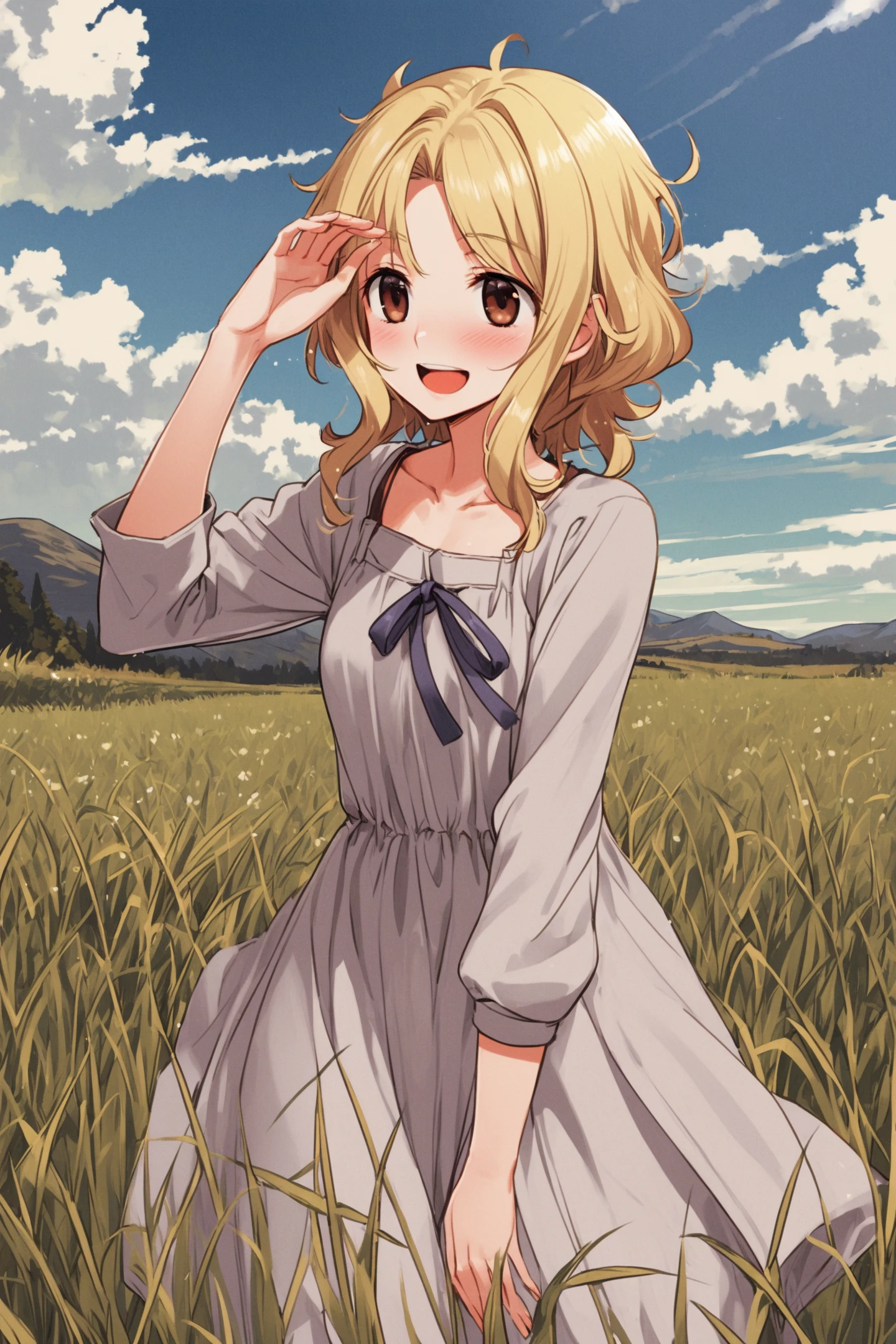 Norah Arendt,1girl,outdoors,grass,sky,day,blonde hair,cloud,brown eyes,open mouth,dress,smile,solo,long sleeves,wind,standing,blush,blue sky,shading eyes,collarbone,
<lora:Koume Keito_XL:0.8>,