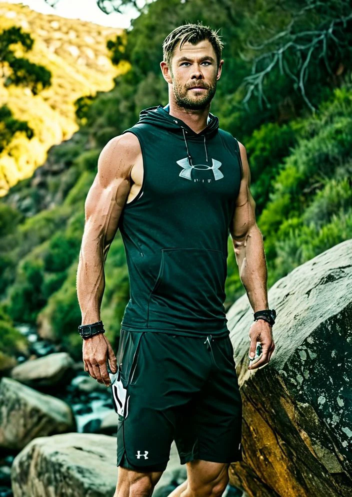 photo of Chris Hemsworth a man <lora:Chris-Hemsworth:1>, wearing a sleeveless well-fitted under armour hoodie and compression shorts, standing on a boulder, outdoor trail, 35mm photograph, film, bokeh, professional, 4k, highly detailed, creek in the background, natural lighting, golden hour