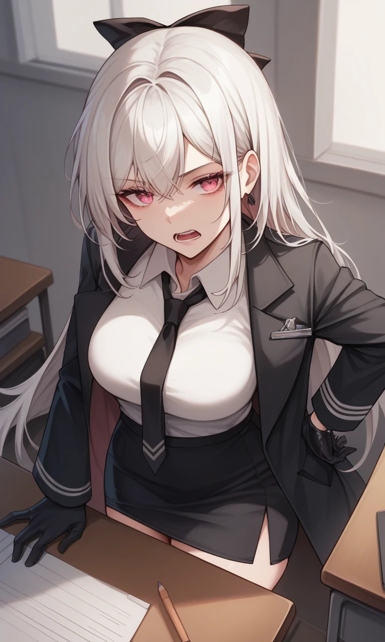 score_9, score_8_up, score_7_up, score_6_up, source_anime, BREAK masterpiece, ZERODRAK, white hair, hair bow, annoyed, open mouth, desk, on desk, office, tie, black gloves, suit, black jacket, white shirt, collared shirt, pencil skirt, from above, breasts, hand on own hip, pink eyes, close-up, 